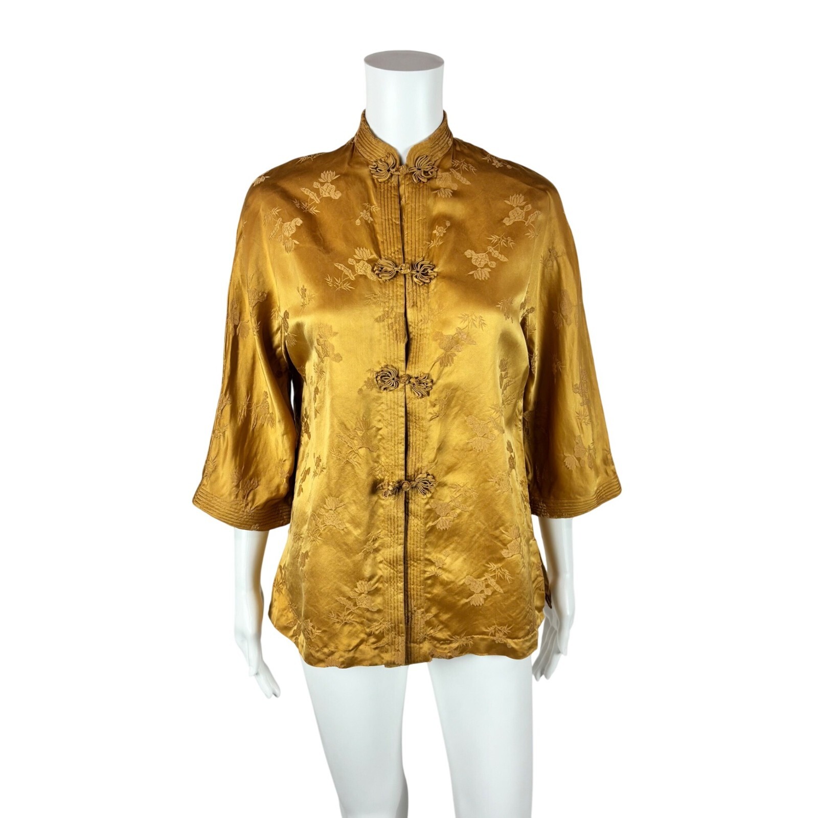 Vintage 70s Cheongsam Jacket Women’s Small Gold Floral Jacquard Frog Closures Dy