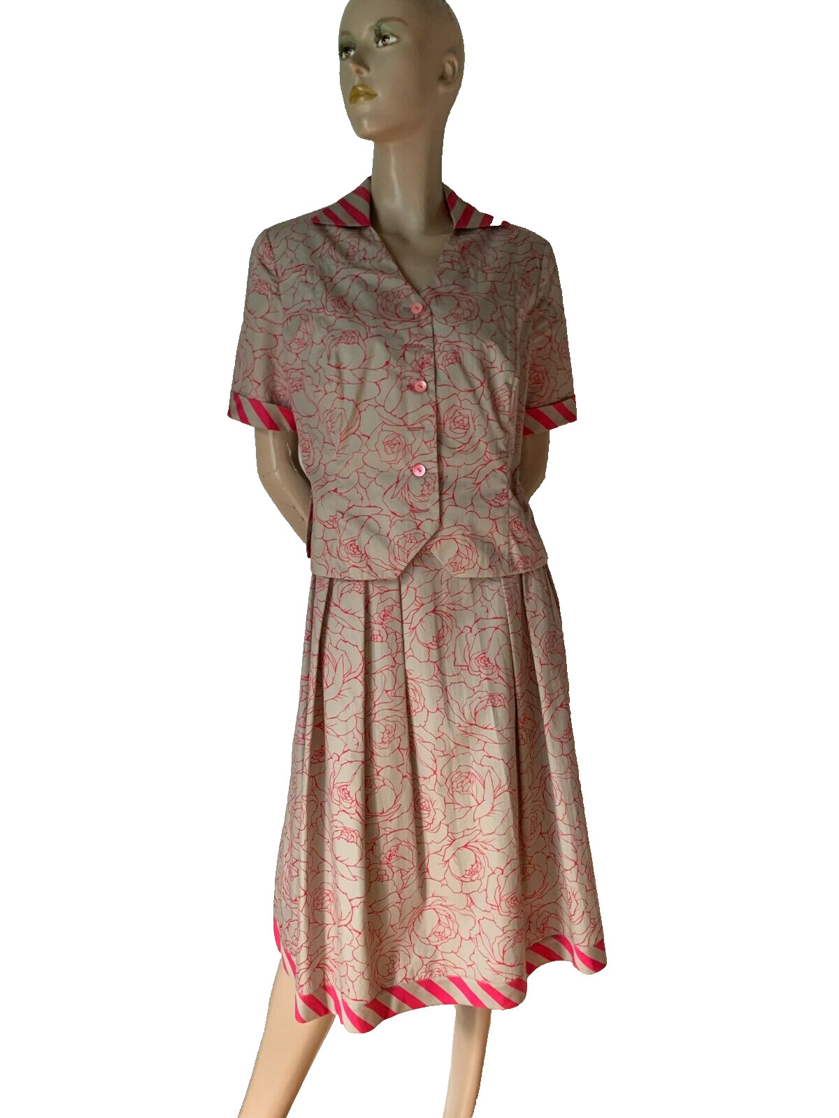 Vintage Fancy Dress 60s Handmade Cotton Roses Spencer Pleated Skirt 38 40