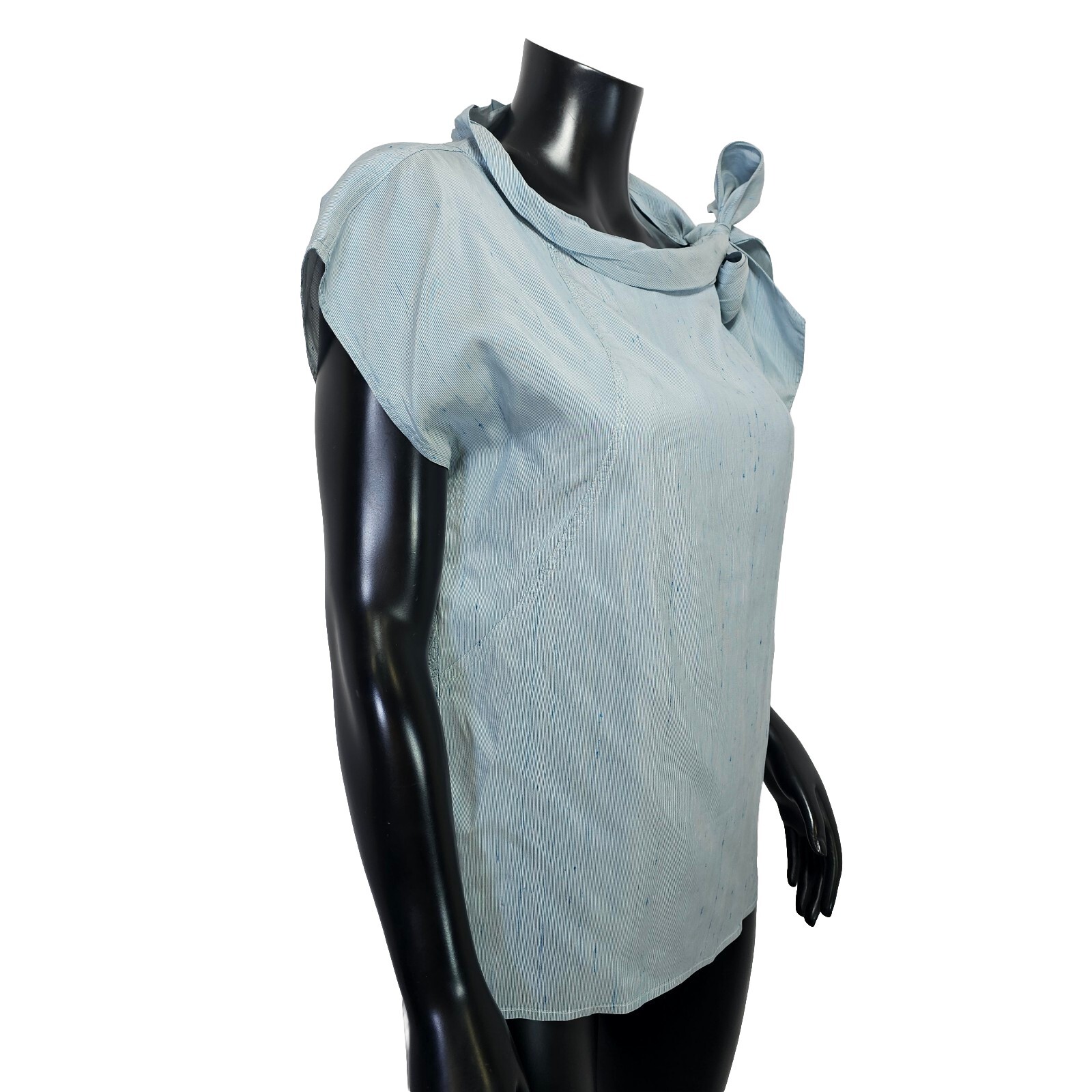 Vintage 70s Touche Italy 38 Blue Silk Blouse Pinstriped Pussycat Bow O Collar