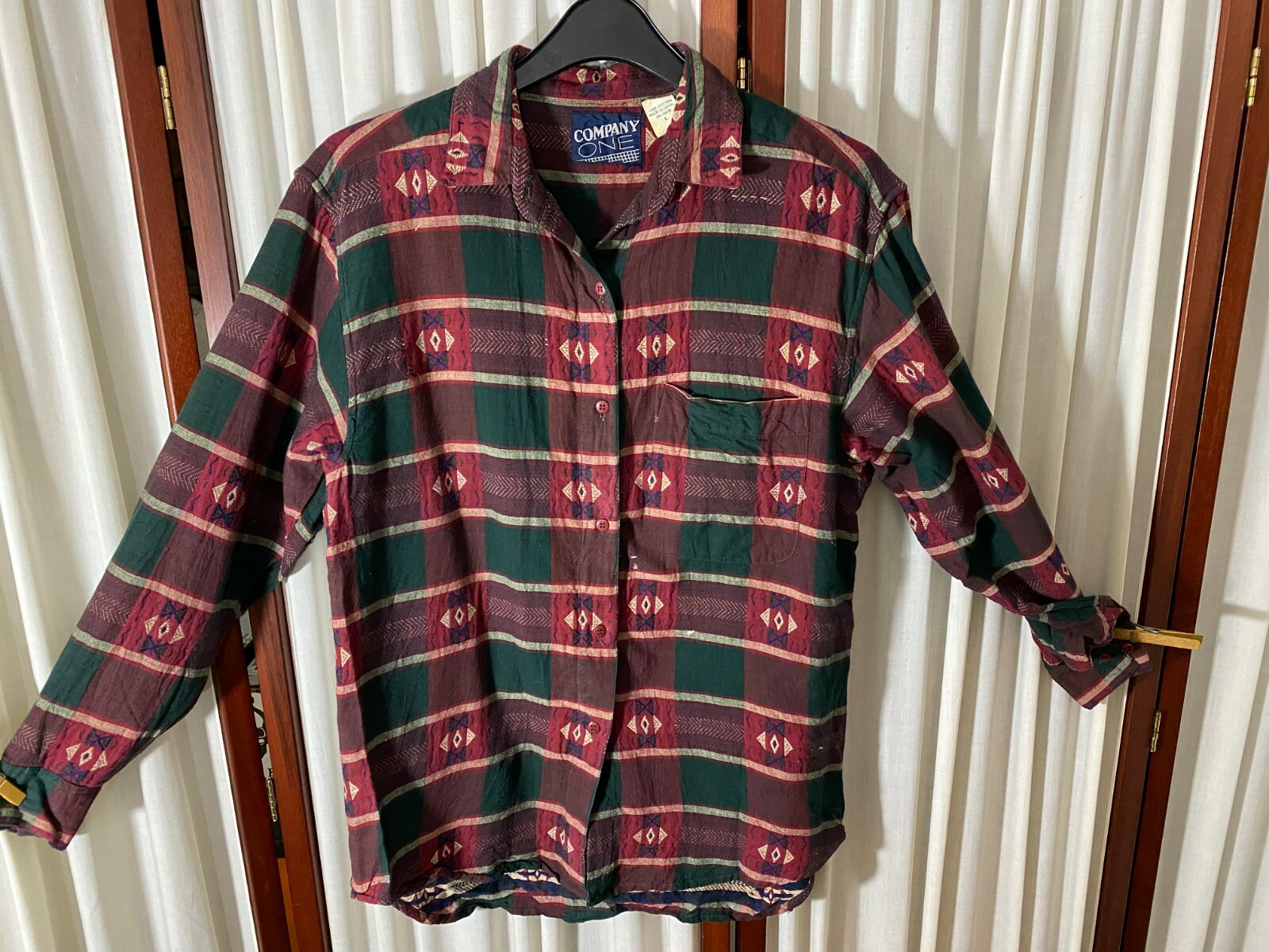 1980’s Blouse-Company One-M-Dark Red/Green/Cream -VG-India-ETHNIC BOHO LOOK-SALE