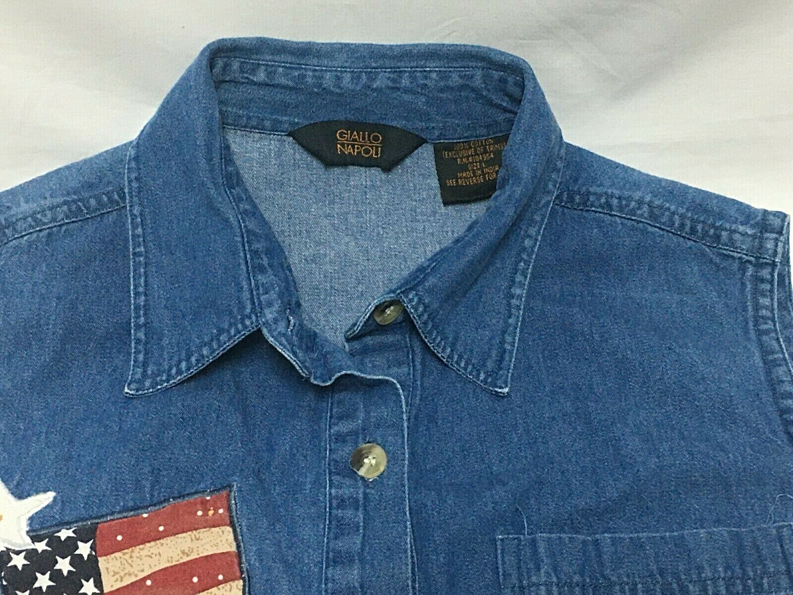 WOMEN’S DENIM PATRIOTIC BLOUSE SLEEVELESS FOLK USA FLAG 90S GIALLO NAPOLI SZ L