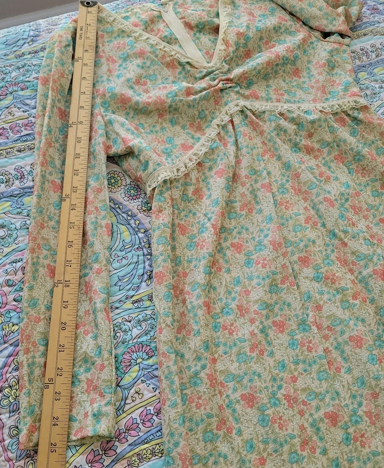 Vintage 70s Womens Maxi Dress Sz L Babydoll Hippie Ditsy Floral Lace Peasant
