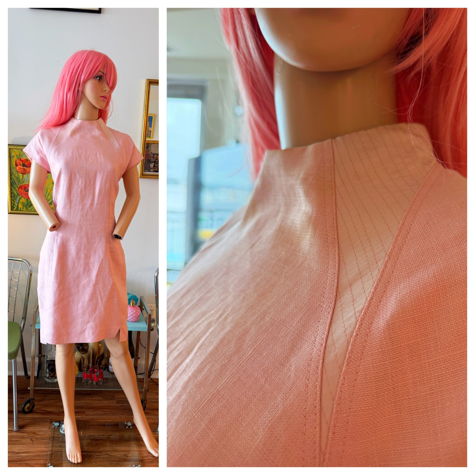 Vintage 80s Geoffrey Beene Pink Linen Sheath Dress High Neck Rizik Bros USA L