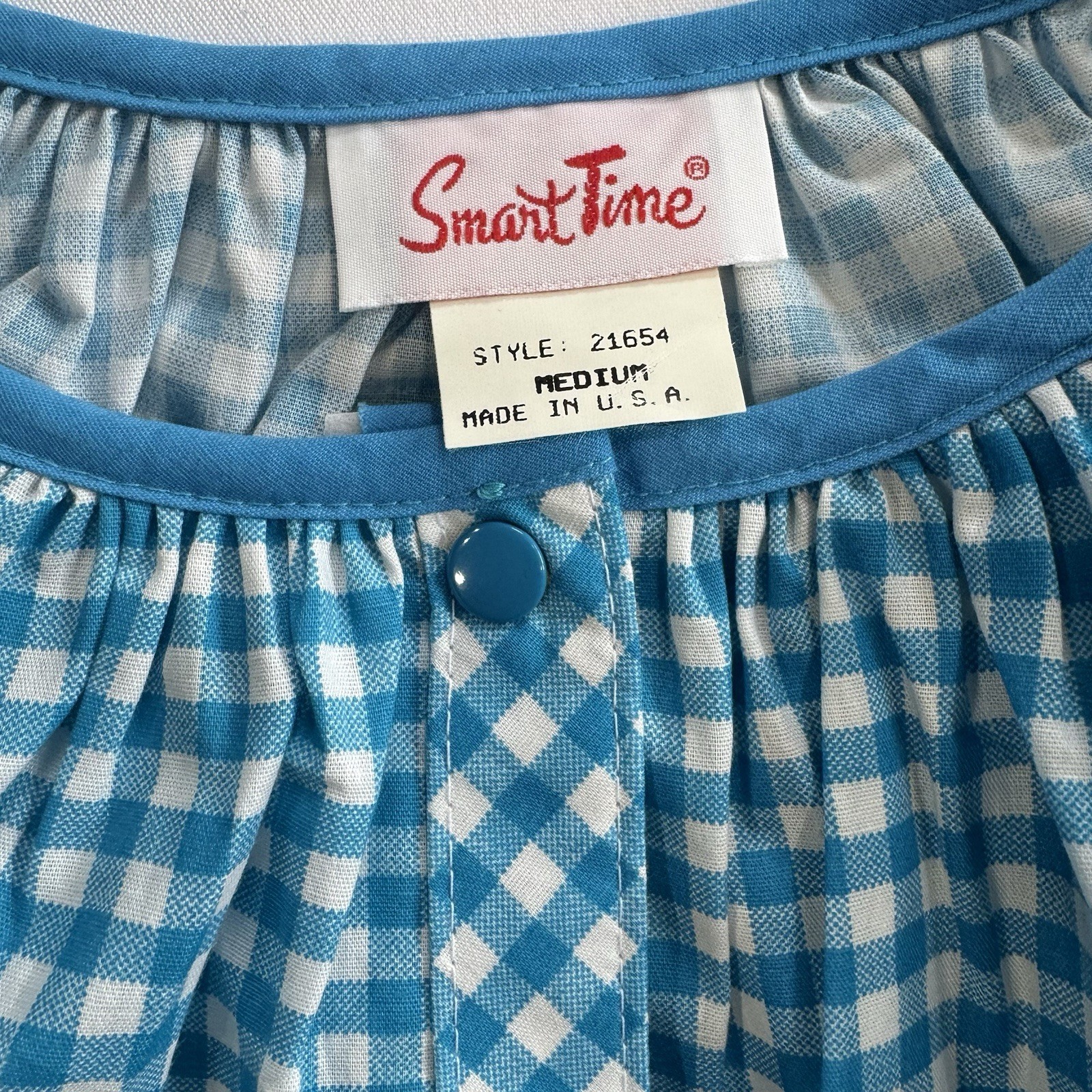 Vtg Smart Time Blue White House Dress Snap Closure Made in USA Boho Embroidery