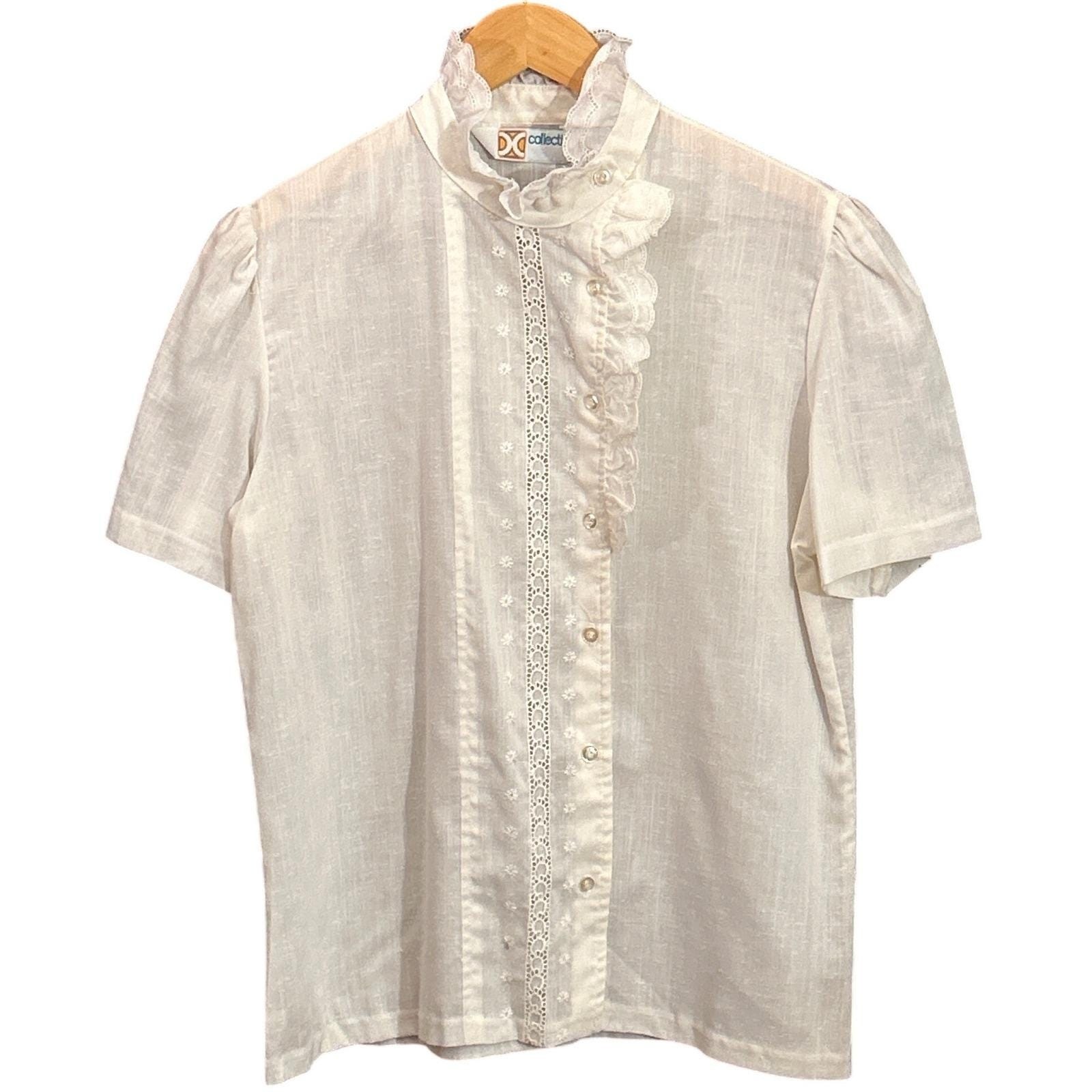 Vintage DC Collections Blouse Cottagecore Victorian Ruffle Lace Eyelet White Top