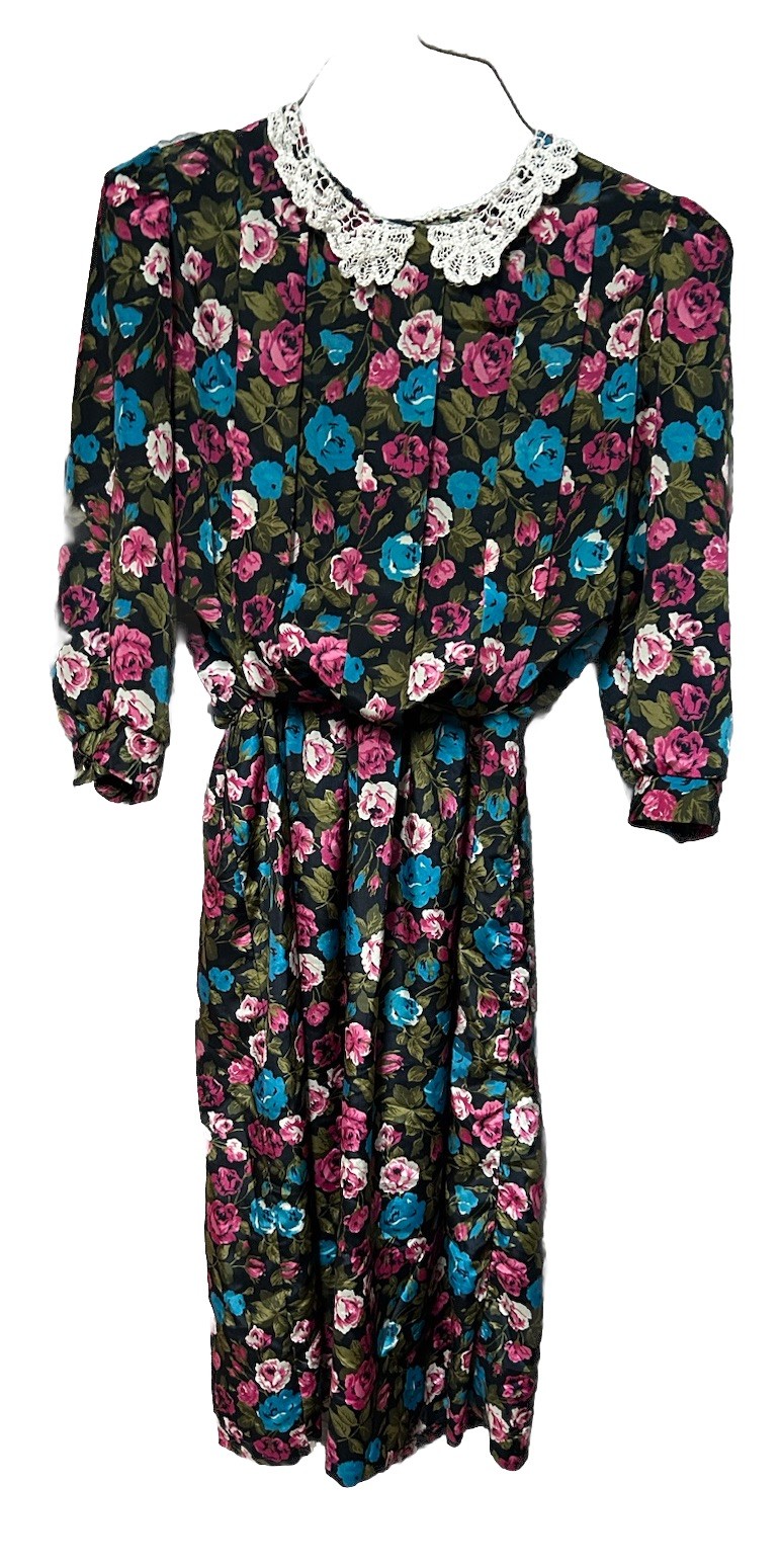Vtg 90s Cottage Core Lisa Petites Garden Floral Tea Party Dress Modest Sz 8