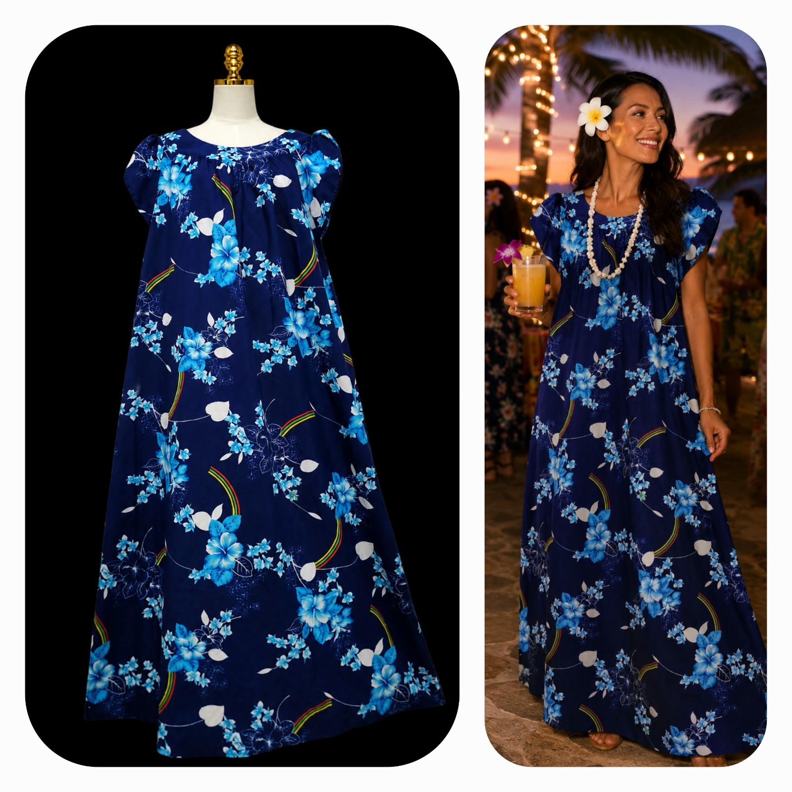 VTG Hukilau Fashions Hawaii Blue Floral Rainbow Muumuu Maxi Dress Made in Hawaii