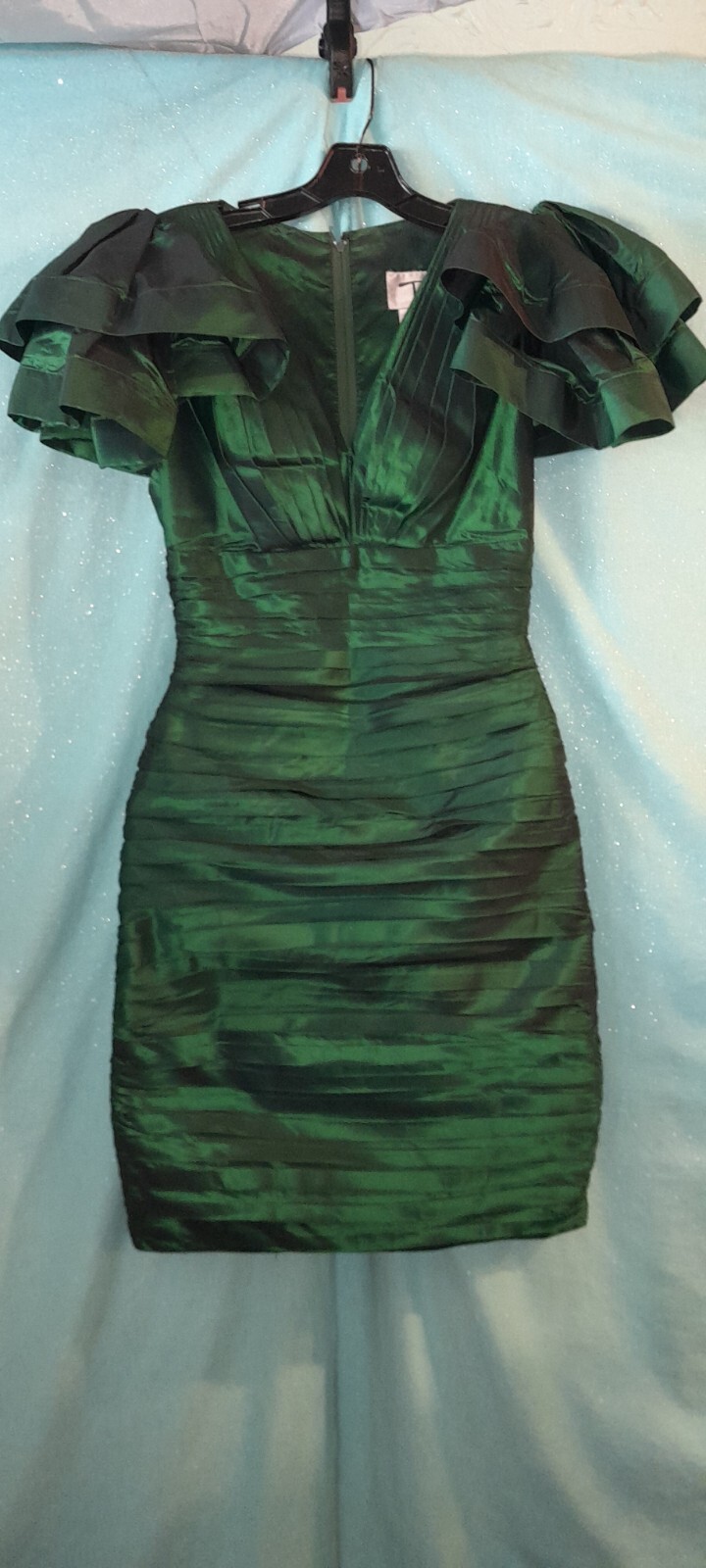 Vtg 80s Emerald Green TADASHI Pleated RUFFLE Wiggle Tafffeta Party Prom Dress S