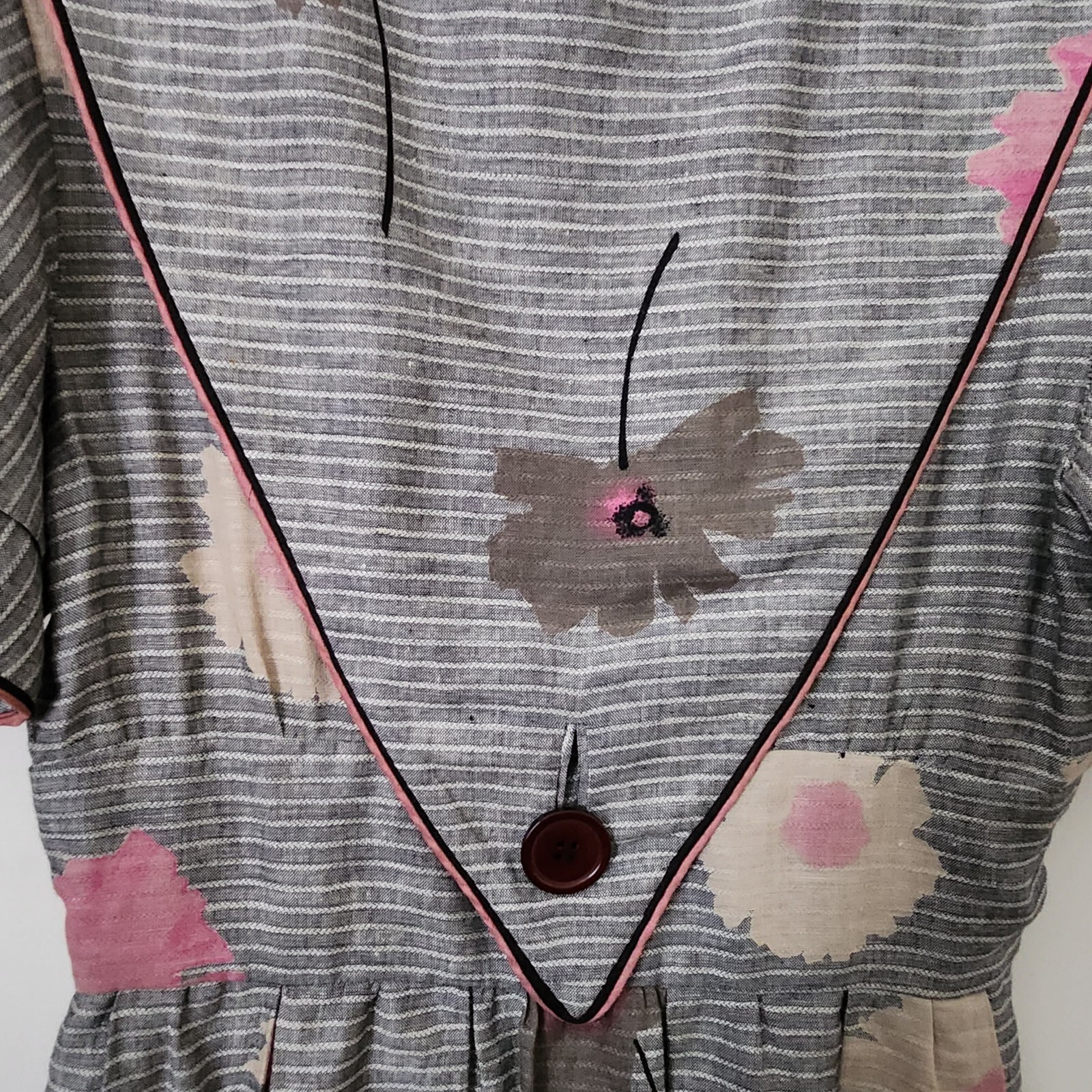 Vintage Albert Nipon Linen Cotton Gray Striped Floral Prints Dress 4 Pockets