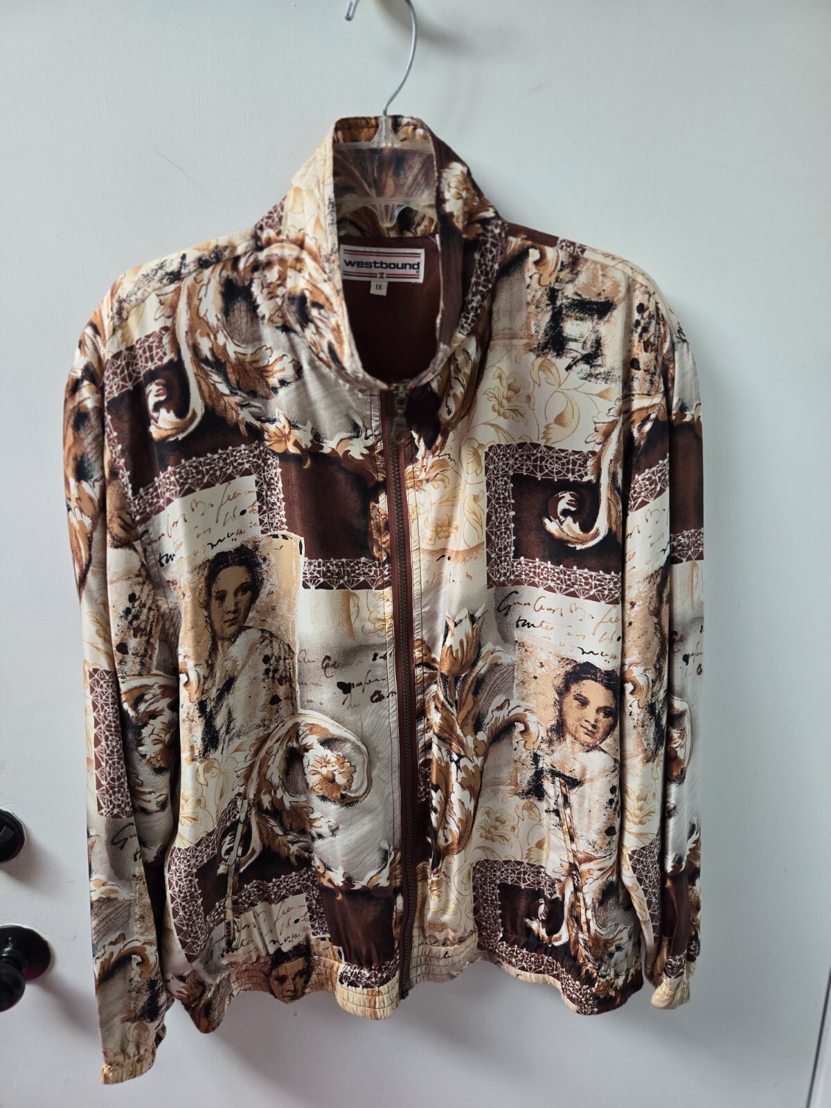 Vtg 1990s Silk Jacket Brown Rococo Baroque Faces Westbound II 1X