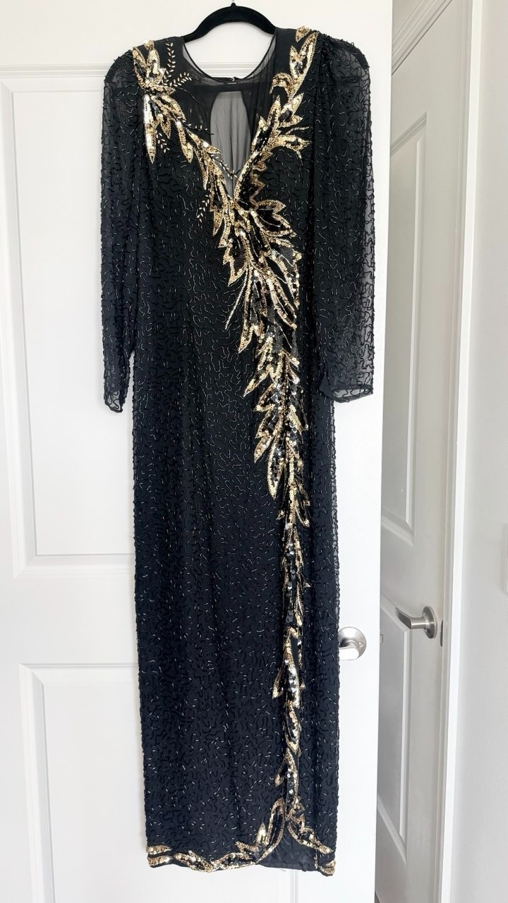Vintage Niteline Della Roufogali Size 14 Black Gold Beaded Evening Gown Excellen