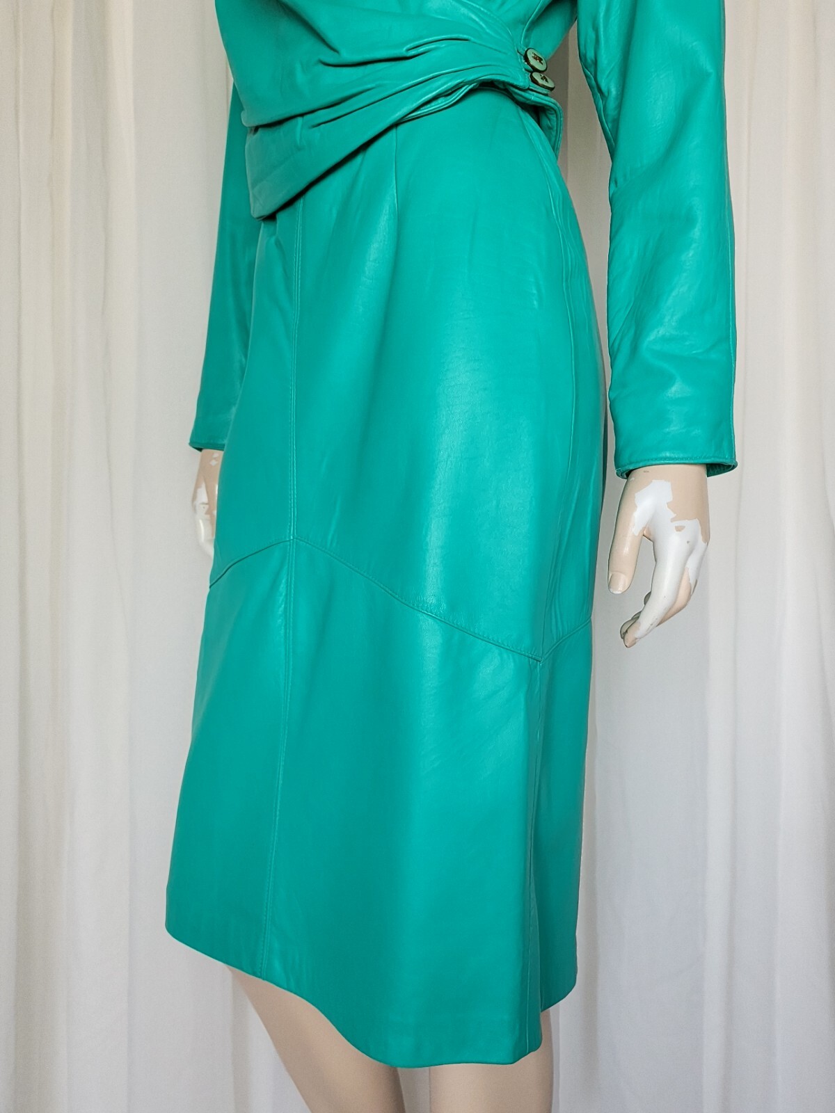 Vtg 80s Rumors n Gossip 2pc Leather Blazer & Skirt Suit Set aquamarine S/M