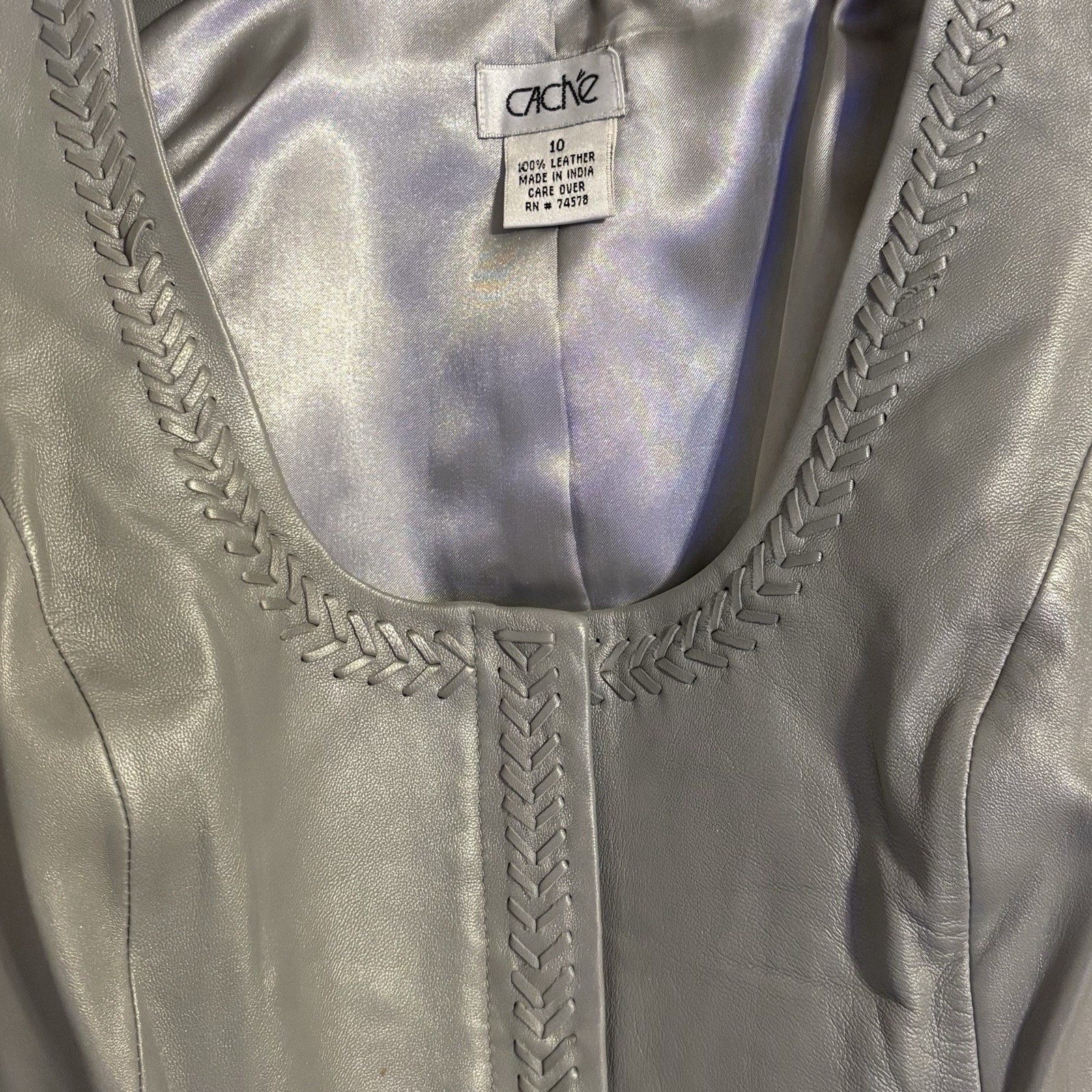 Vintage Y2K Caché Silver/Gray Leather Satin Lined Hidden Zipper Vest Size 10