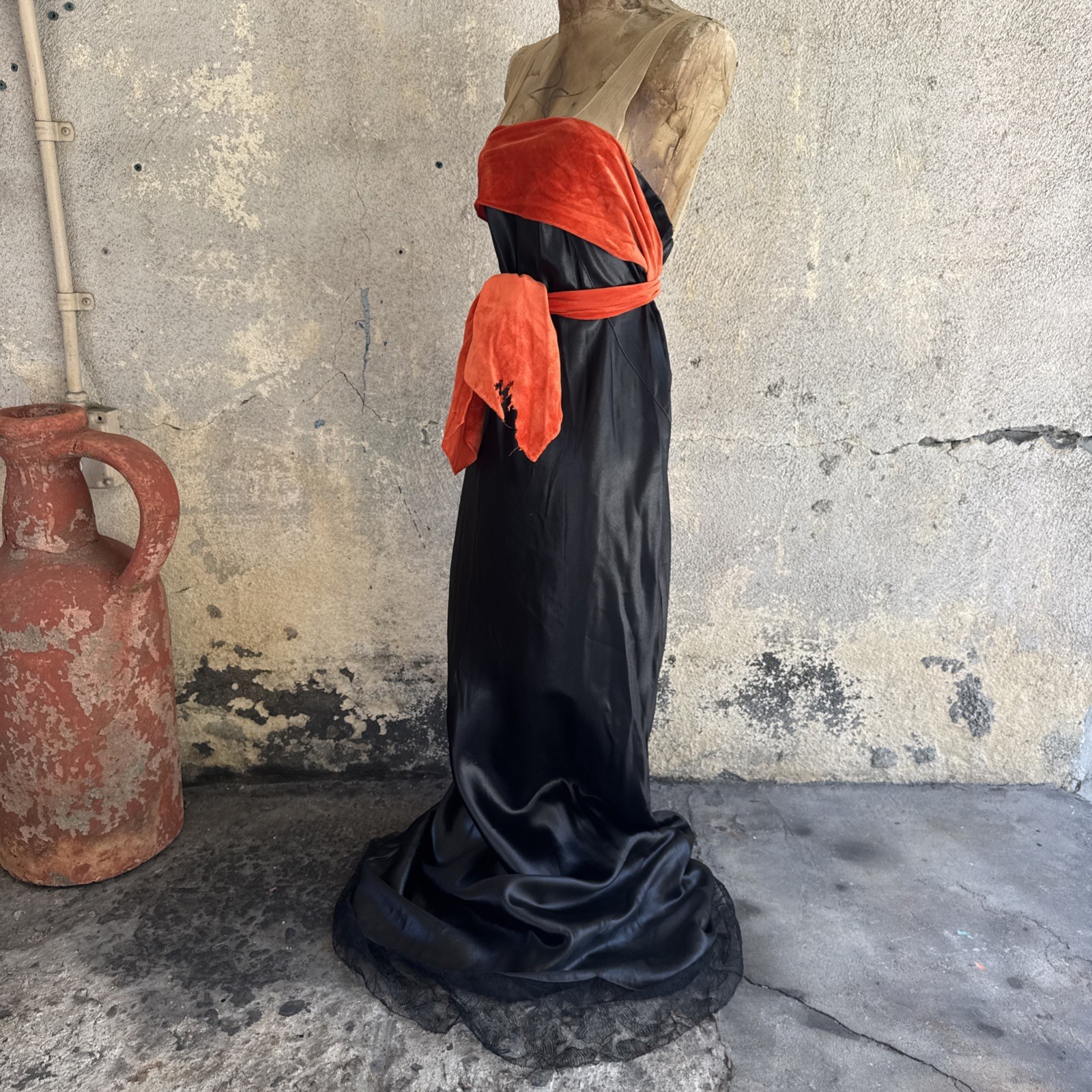 Vintage 1930s Black Silk Satin Dress Orange Silk Velvet Bow Wrap Lace Trim Bias