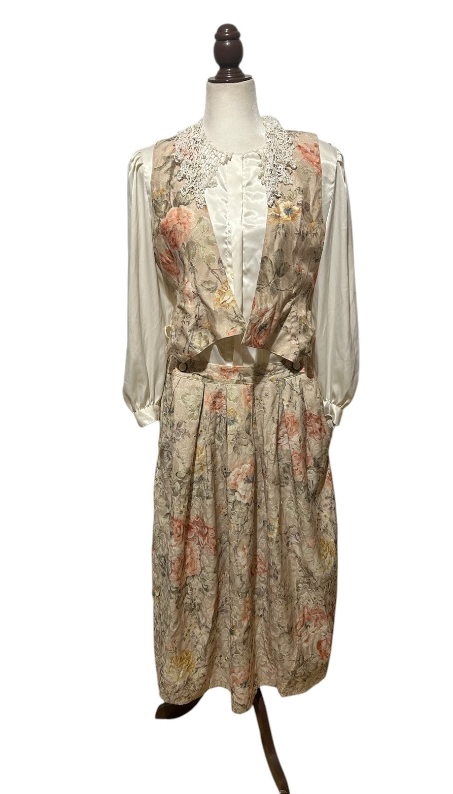 Vintage Dress Womens 6 /Garden Tea Skirt Vest Floral Long Sleeve w Blouse Nilani