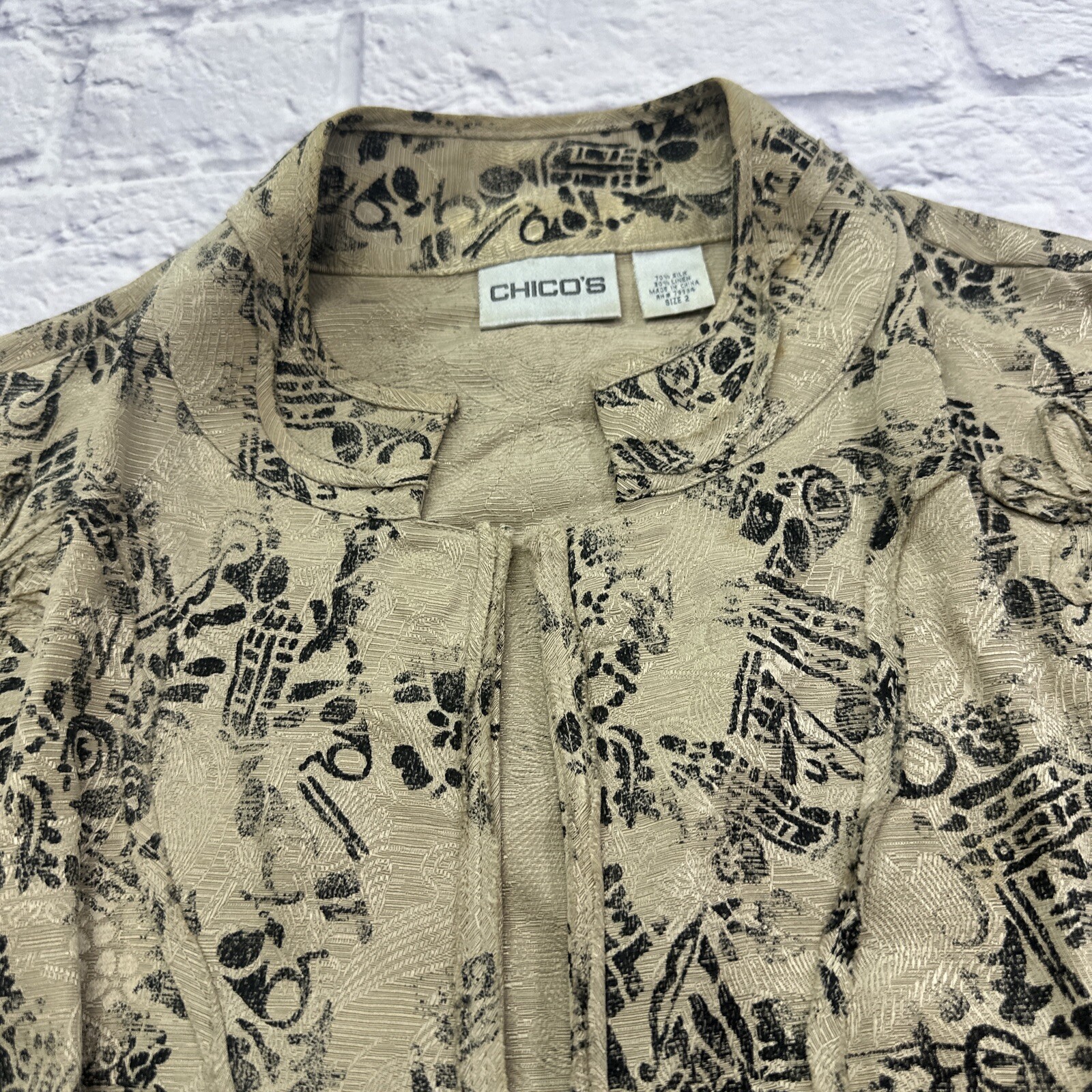 Chico’s Jacket silk linen blend Asian kimono style floral print Tan Black Med 2