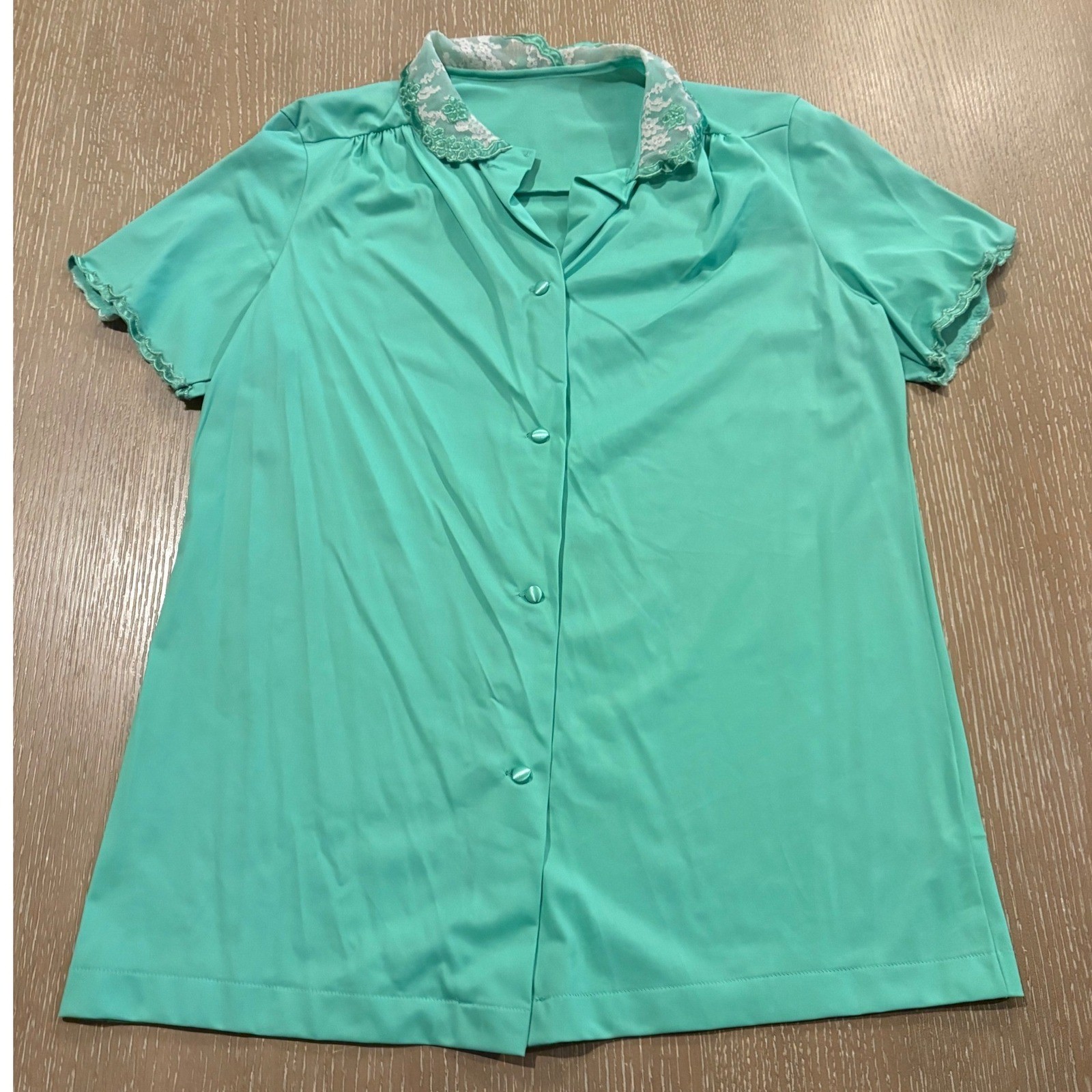 Vintage Van Raalte Mint Green Lace Trim Button Up Top DuPont Nylon 36 USA S/M