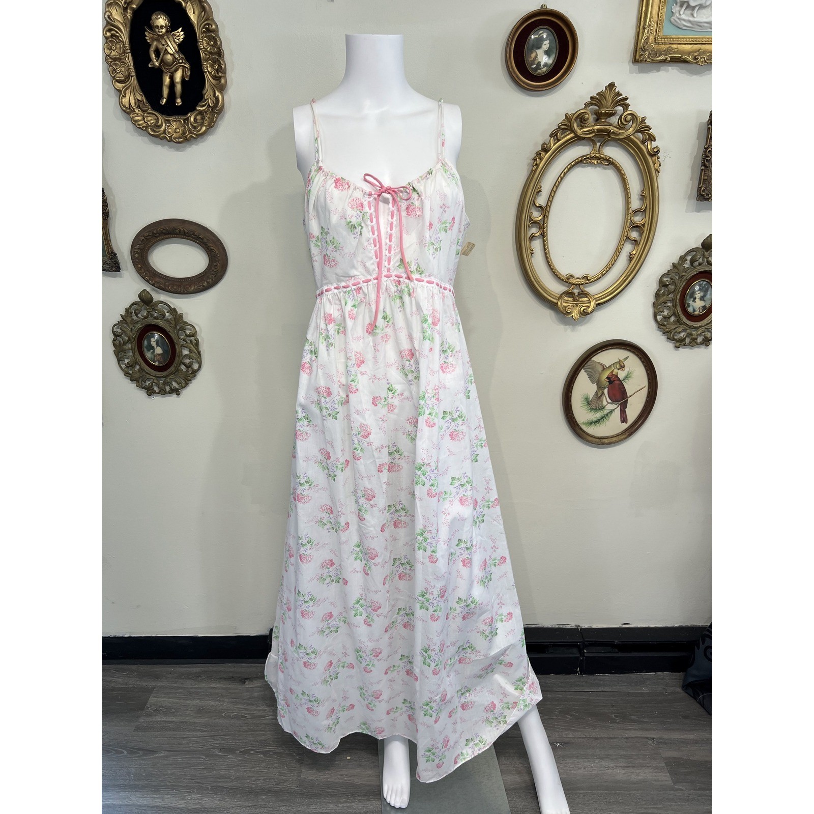 Vintage Komar Deadstock NWT Floral Sheer Gauze Spaghetti Strap Maxi Dress Size L
