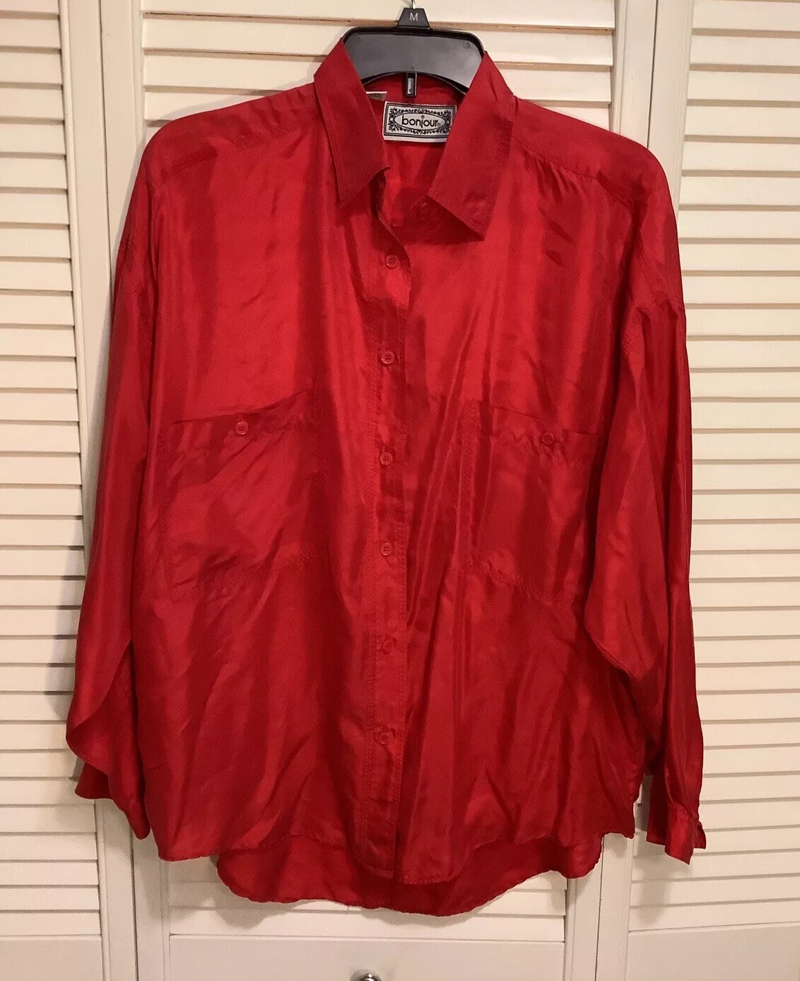 Bonjour 100% Silk Shirt Vintage Blouse Women’s Medium Red Long Sleeve Button Up