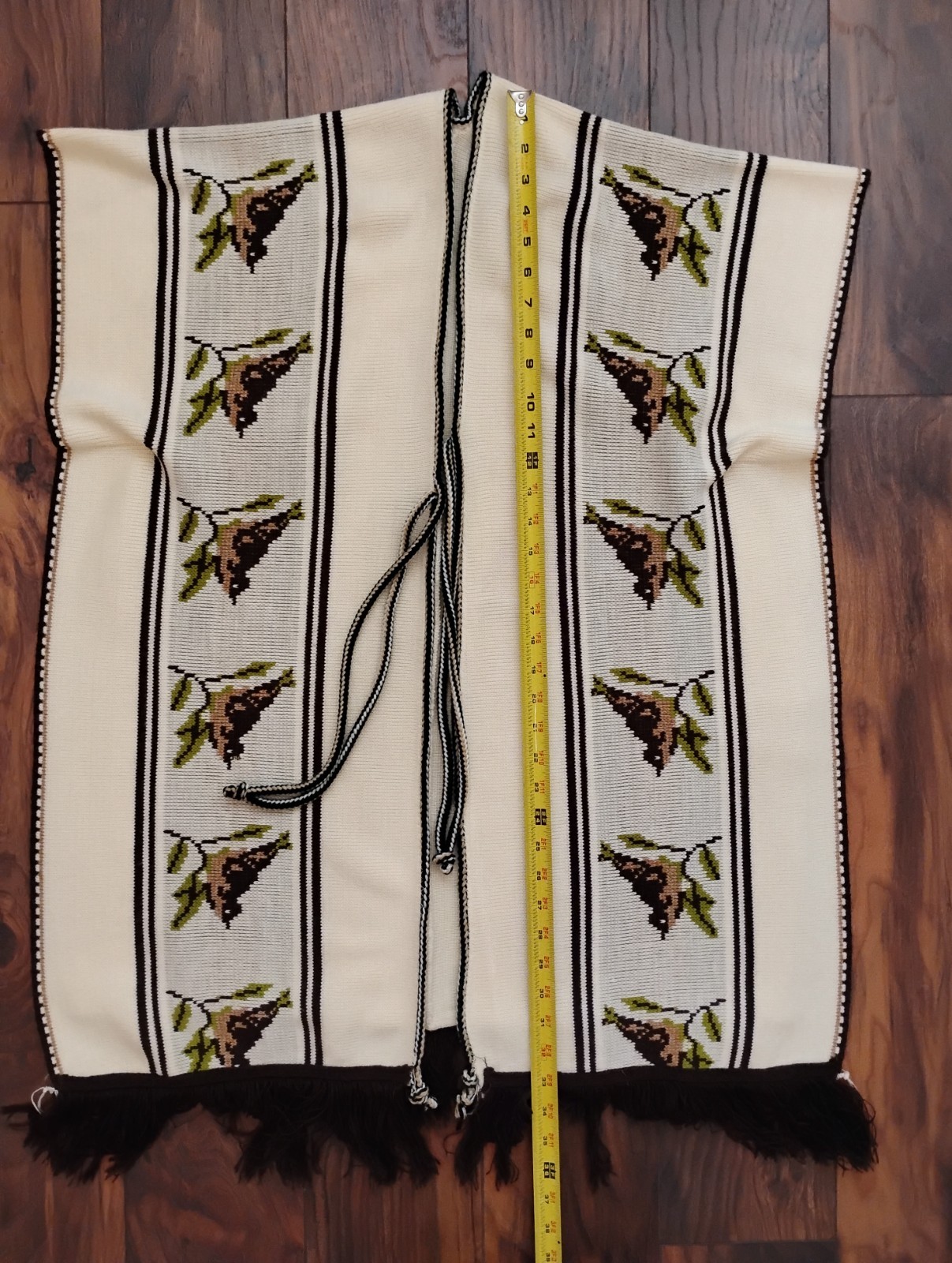 Vintage Bird Print Knit Tie Front Split Side Poncho With Fringe Boho Western