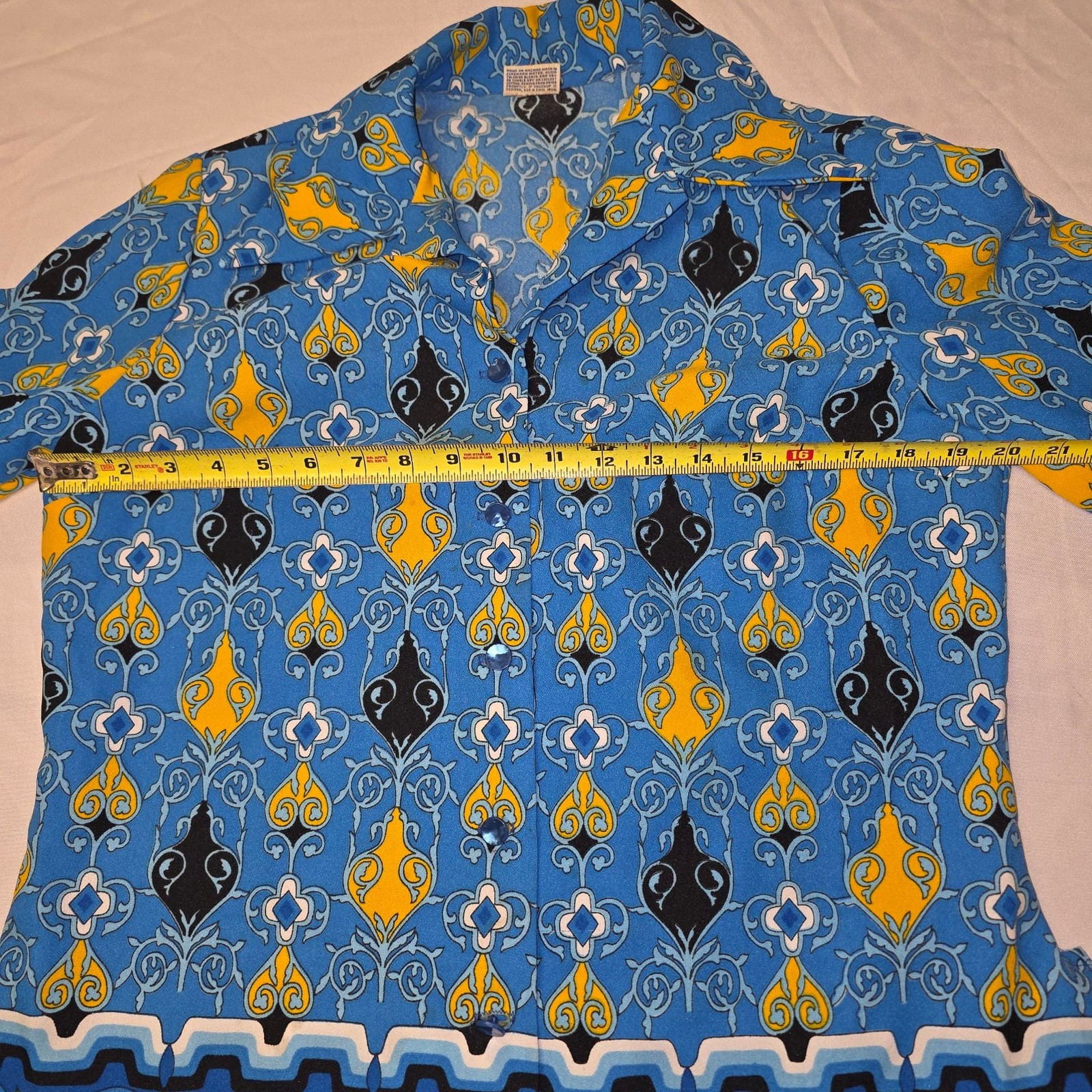 Vintage 60’s Pykettes Blue and Yellow Geometric Print women’s blouse shirt