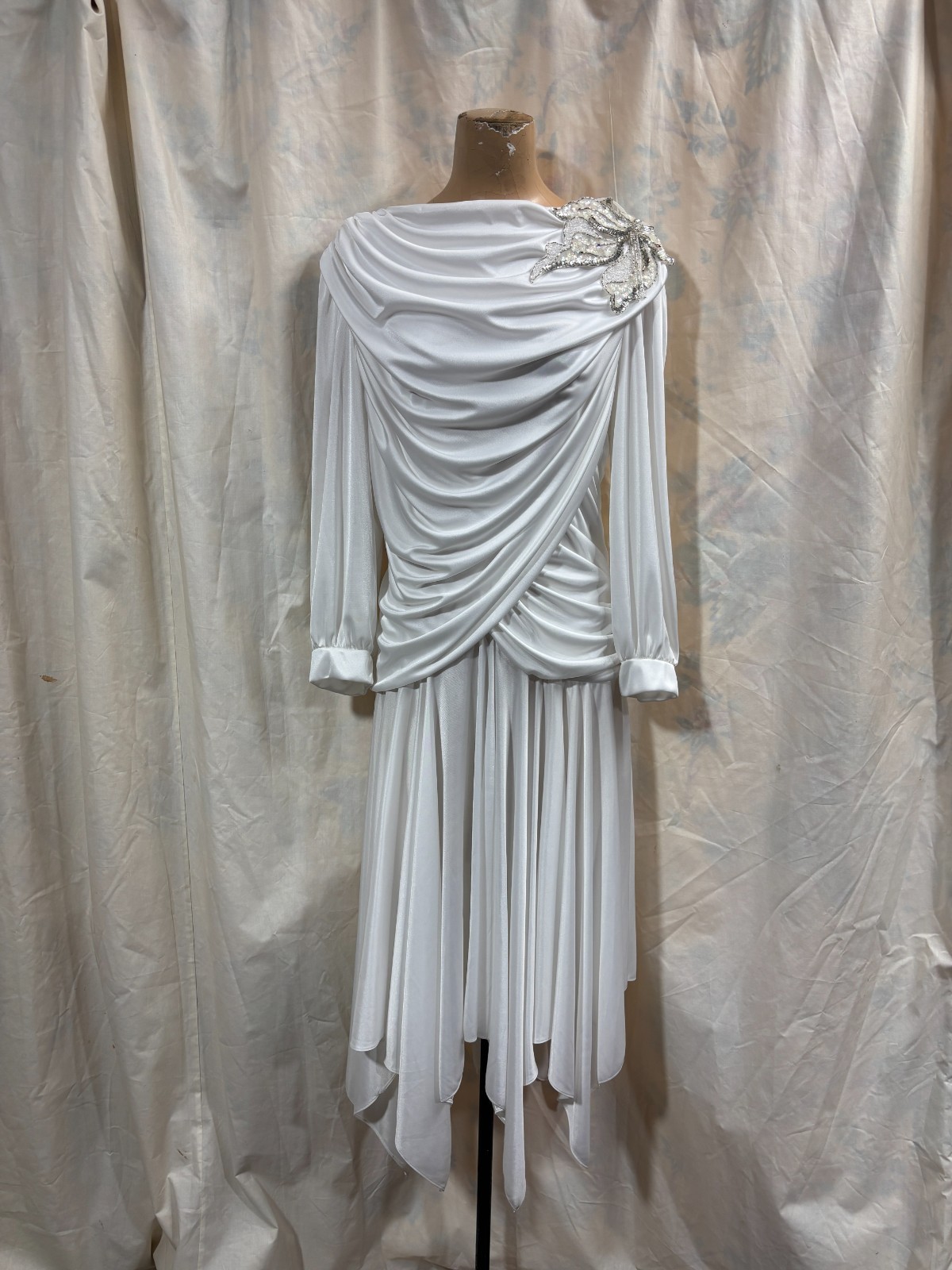 Vintage 1970s 1980s Joo Mee White Evening Cocktail Wedding Disco Dress 13/14