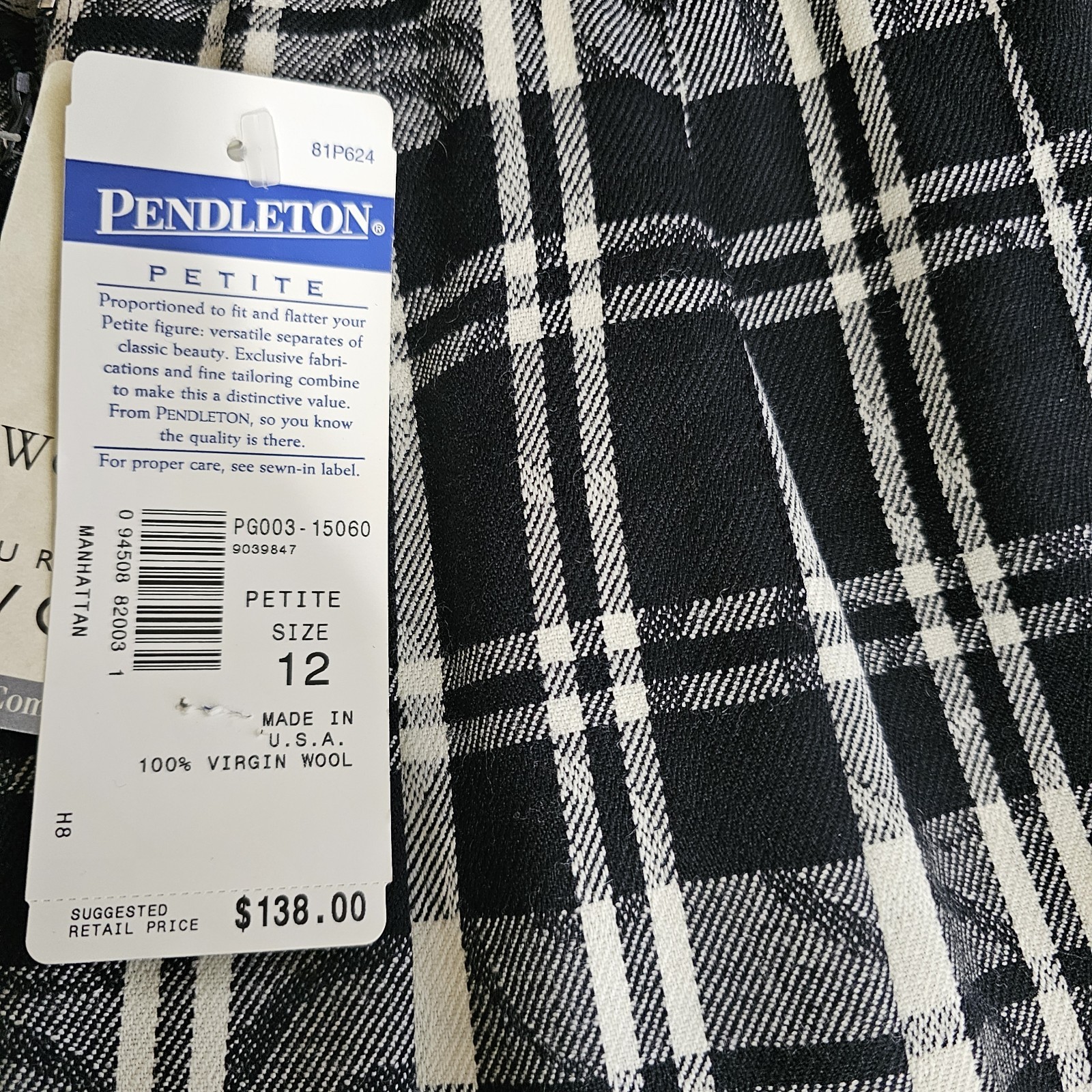 NWT VTG Pendleton Plaid Pleated Midi Skirt Black White 100% Virgin Wool Sz 12