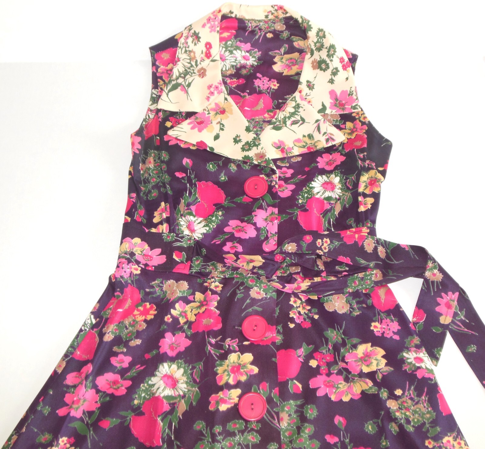 Vintage Floral Dress sz ~S Large Collar Button Front w Belt 60’s 70’s Sleeveless