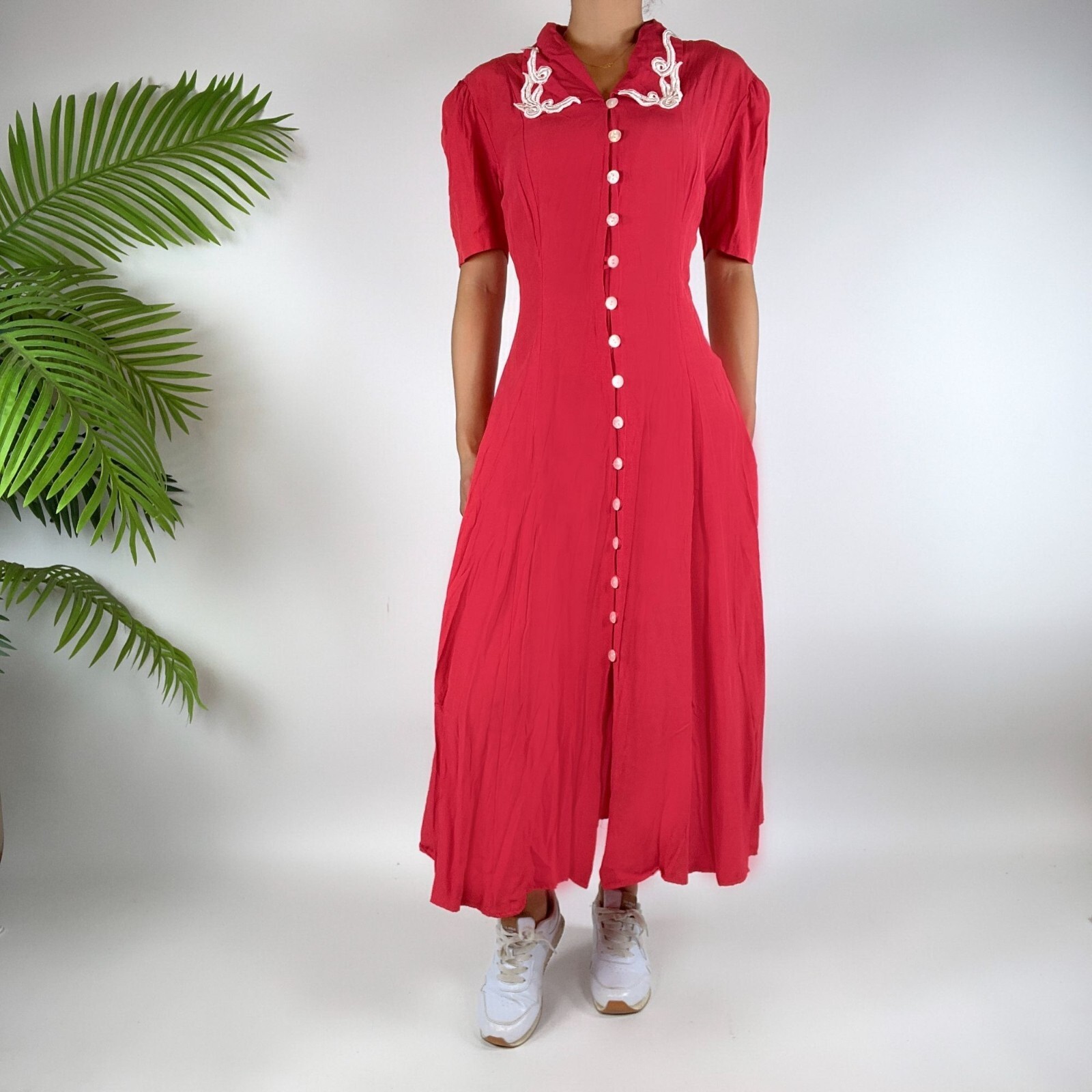 Vintage 90’s Pink Cottagecore Romantic Button Prairie Midi Dress / Size: M/L