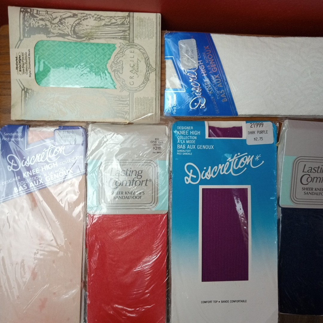 7 Vtg Textured Mesh Knee Hi High Sandal Foot Nylons Stockings One Size 8.5-13