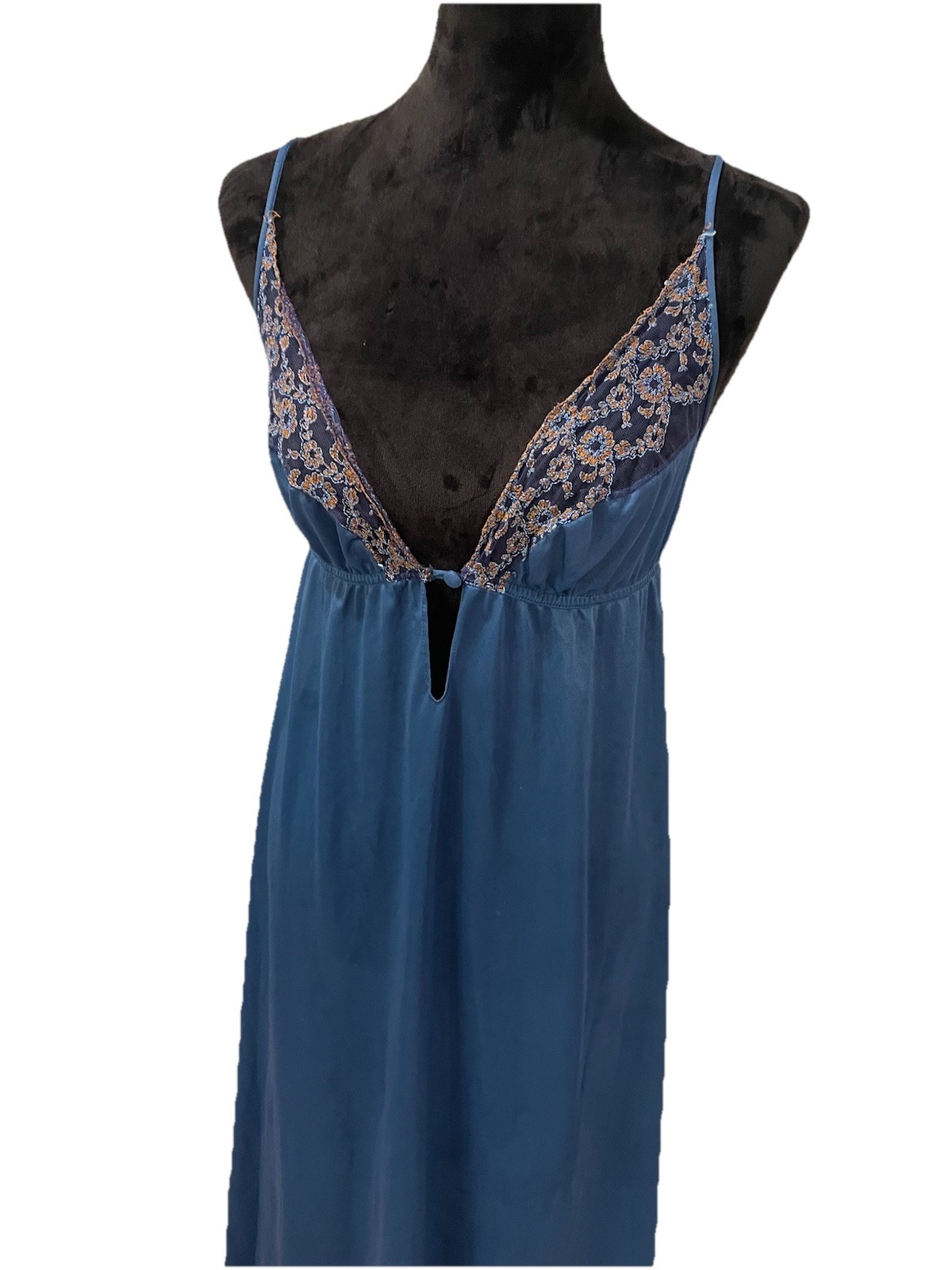 Vintage Sheer Madness Blue Lace Long Slip Dress Gown Nightgown Large