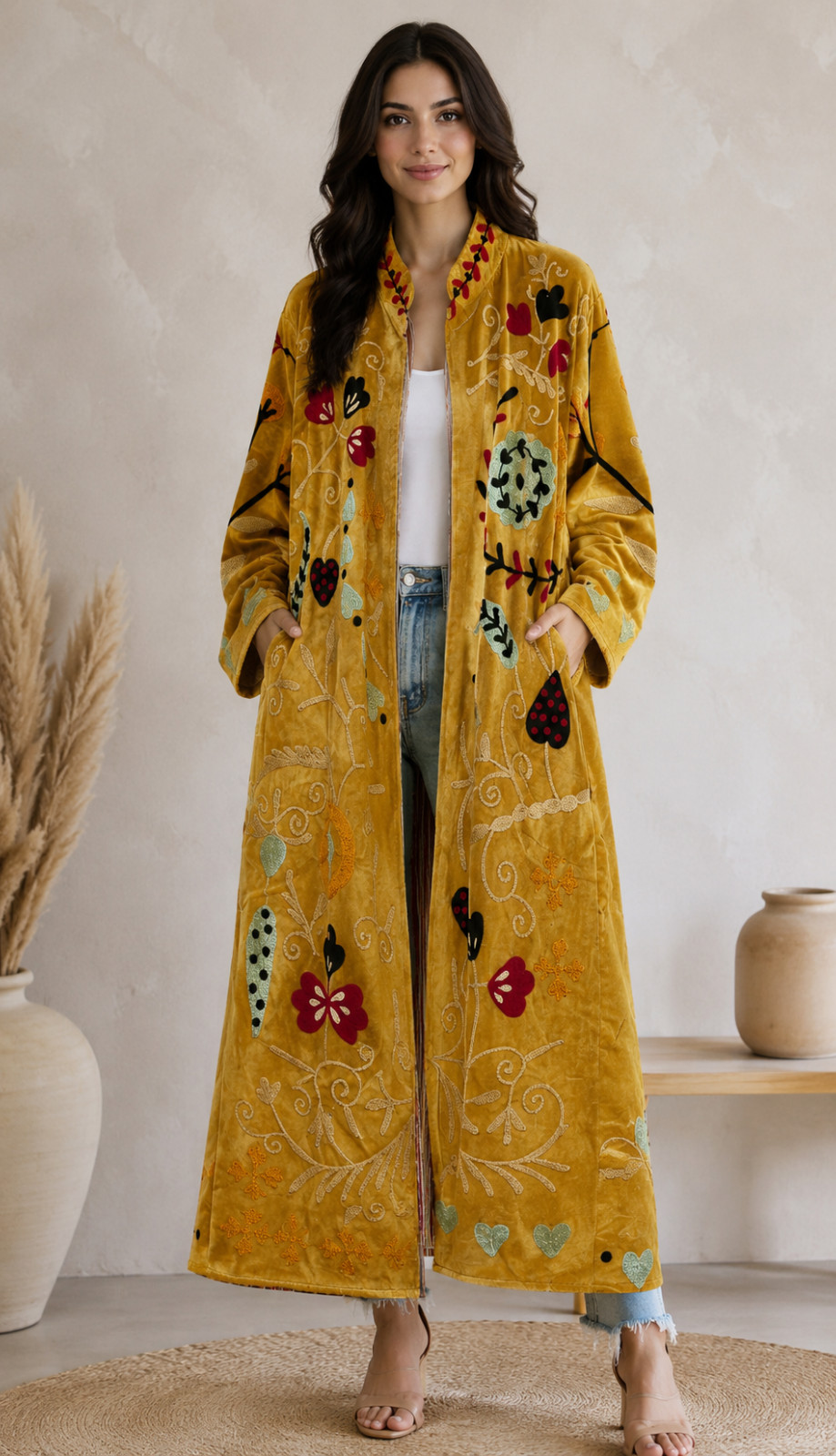 Mustard Velvet Suzani Coat Embroidered Floral Boho Long Gown & Boho Jackets US