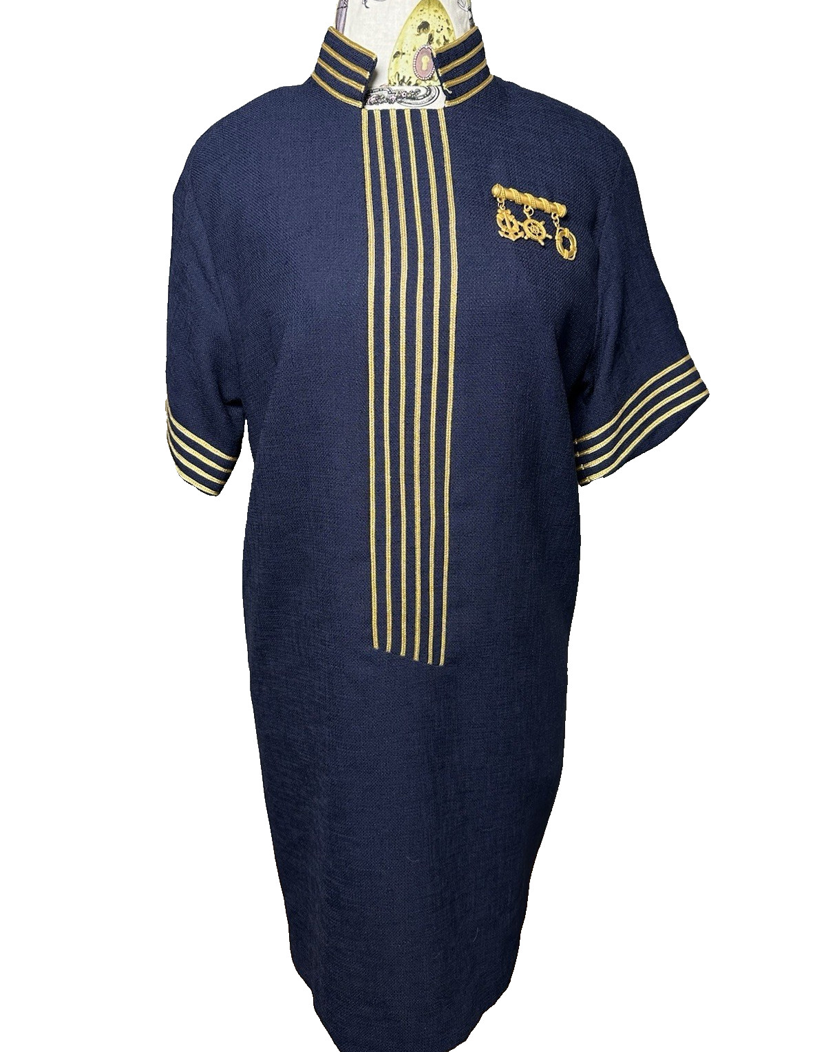 Vintage Junniette Size 6 Navy Blue Gold Womens Dress Sailor Nautical Stewardess