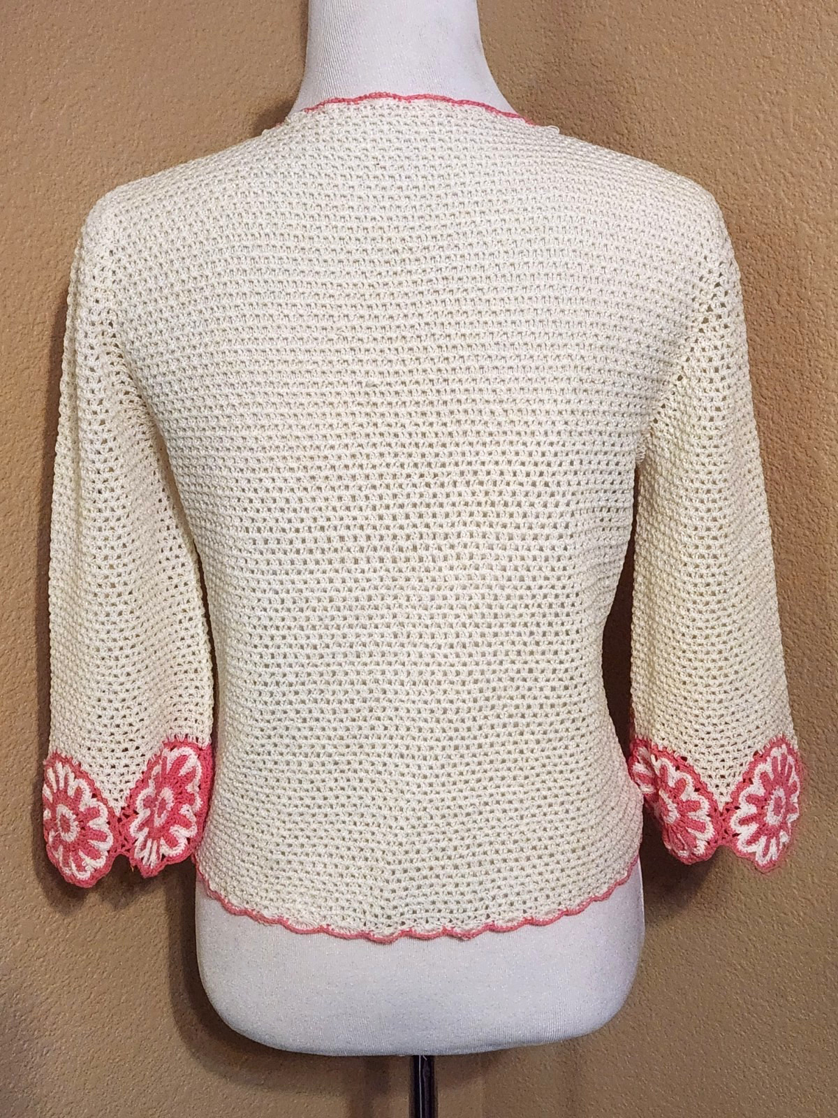 Vintage 70’s BOHEMIAN Handmade CROCHET Pink/White Open Front Cardigan Sweater S