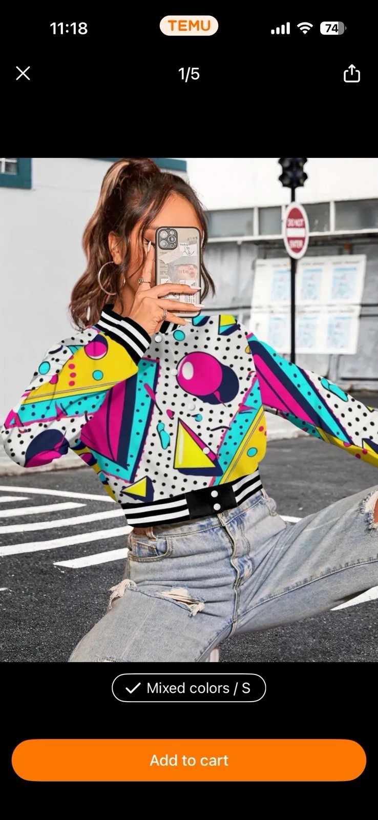 Woman’s Retro Baseball Jacket 80’s, 90’s Vibrant Colors Size Medium Cropped