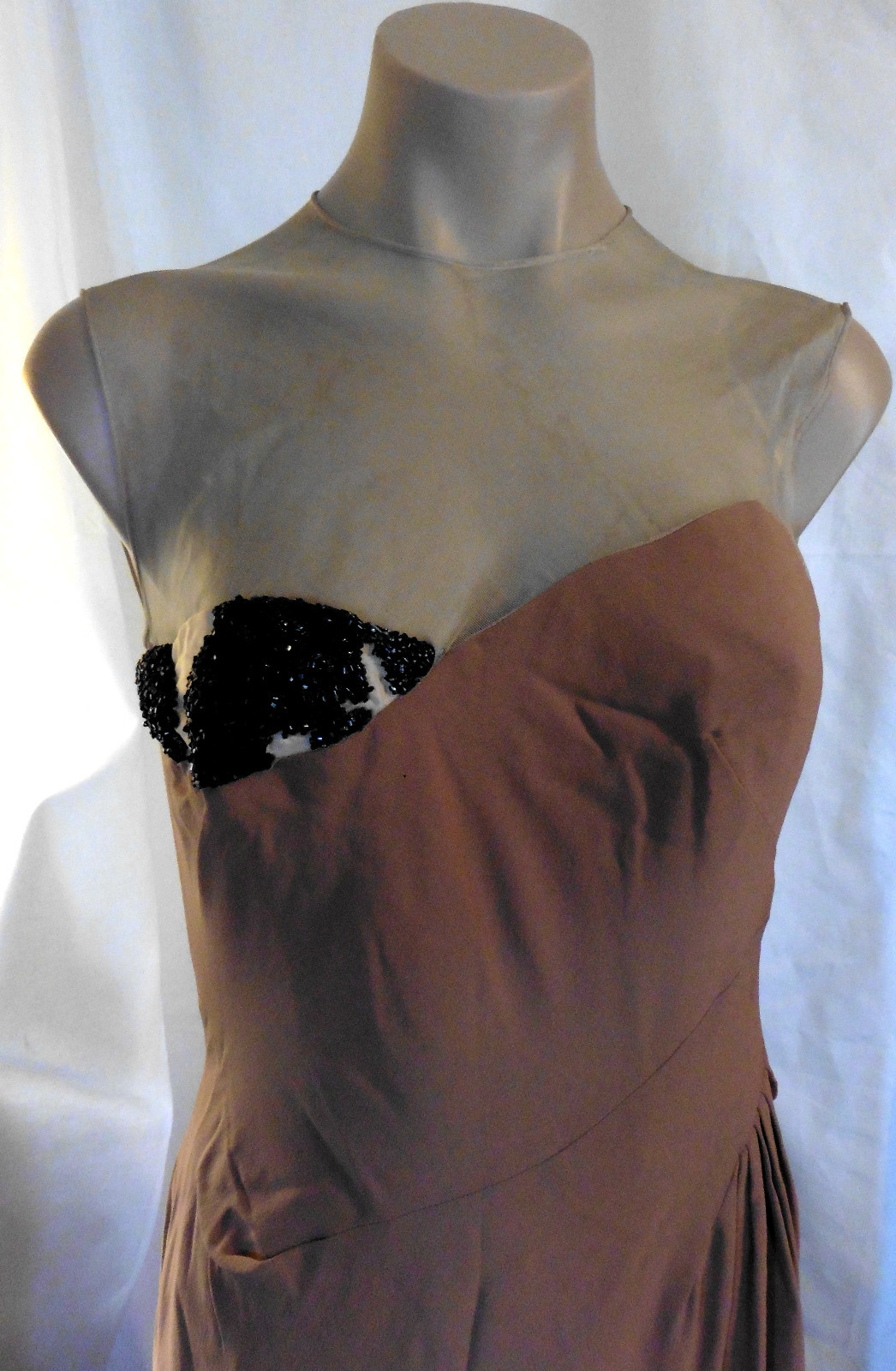 50s Beige Crepe Dress w/ Illusion and (Weird) Beading on Bodice Sz S