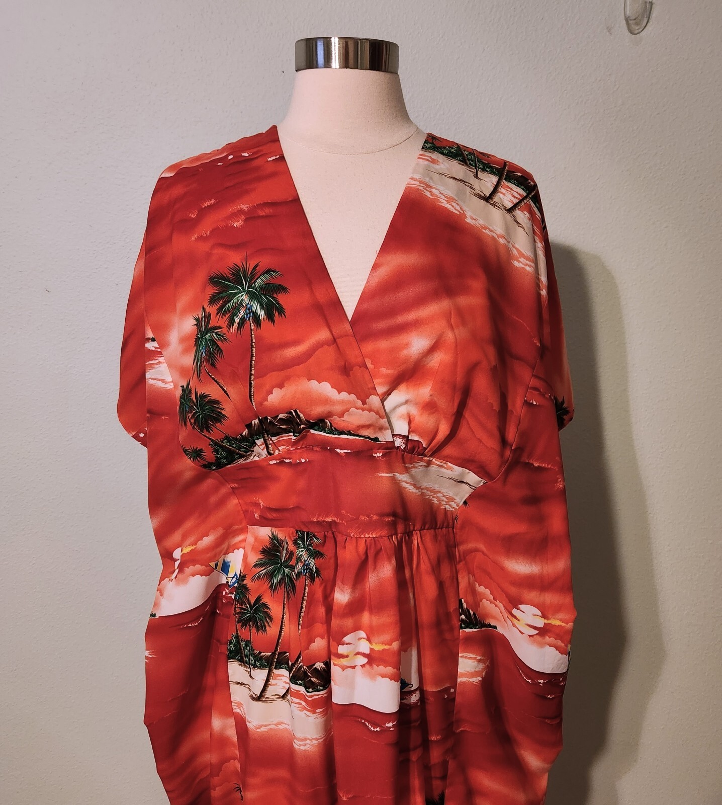 Vintage 1970s Red Sailing Hawaiian Tropical Beach Maxi Kaftan Back Tie One Size