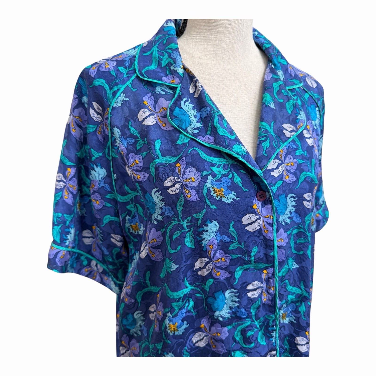 Vintage Valerie Stevens Pure Silk Floral Nightgown Robe Blue Teal 90s Loungewear