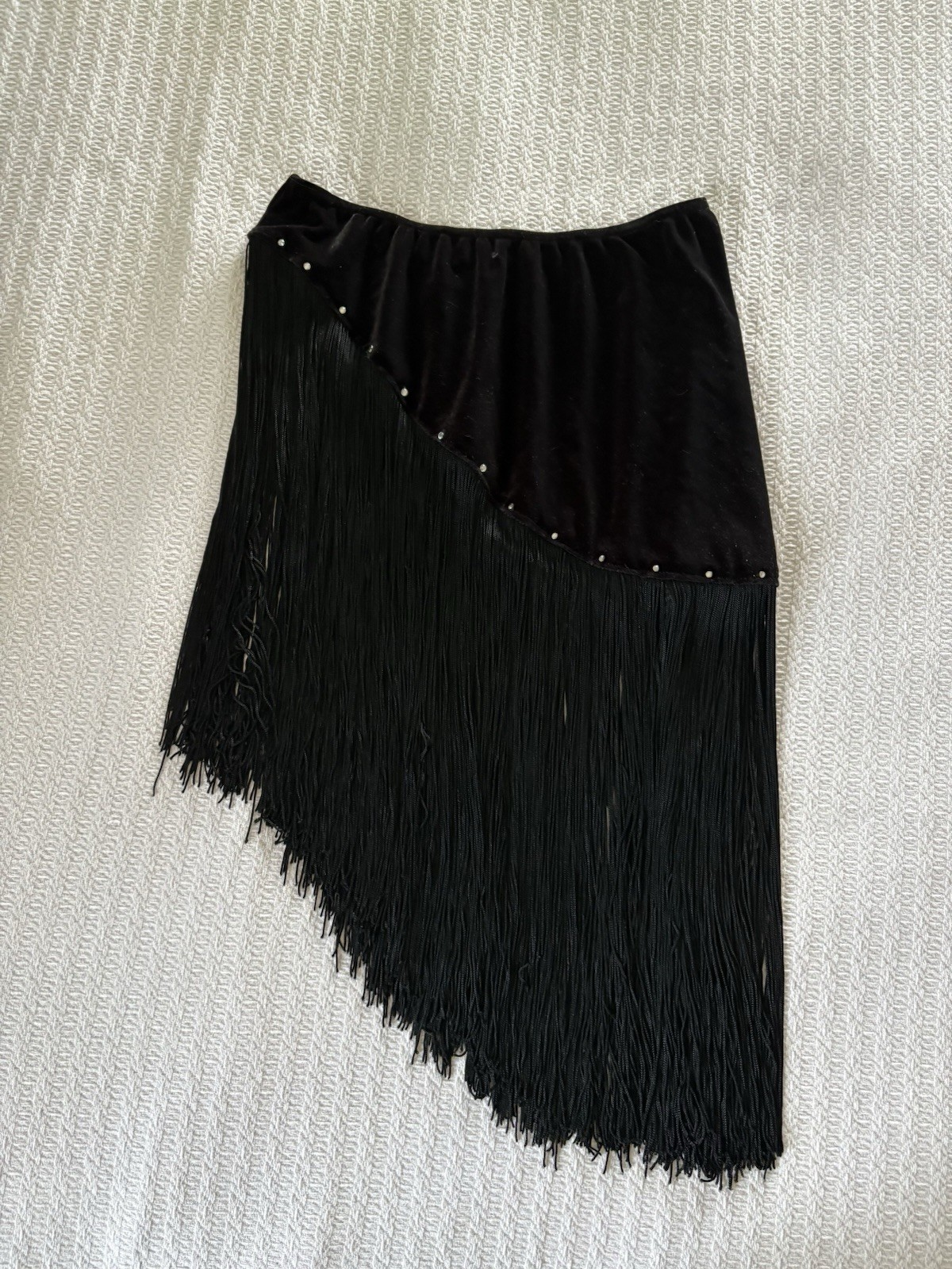 Vintage 90s Y2K Velvet Fringe Mini Skirt Strapless Top Mall Goth Club Boho Bling