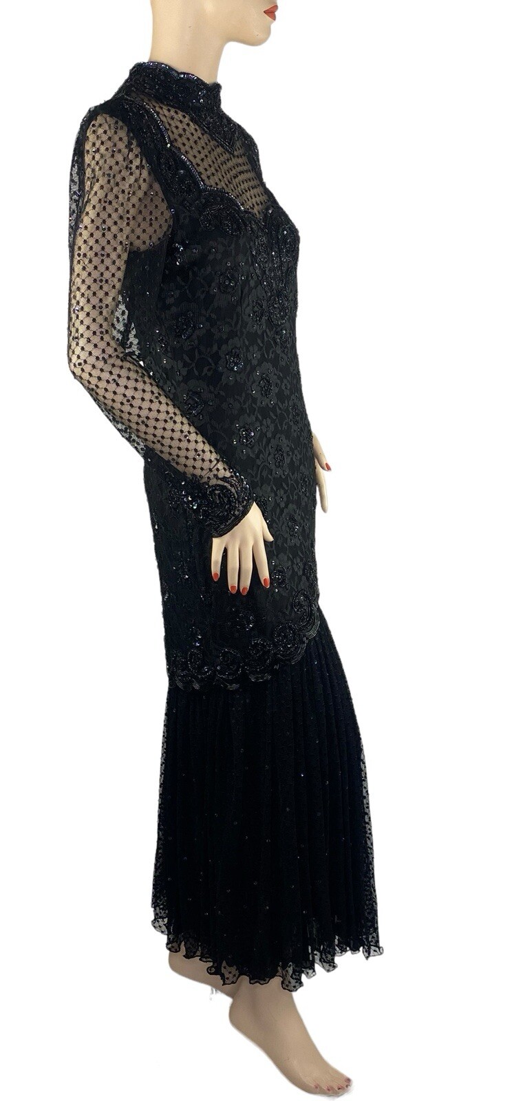 Vintage JUDITH ANN Creations Black Beaded Prom Formal Dress Gown S 80s 90s