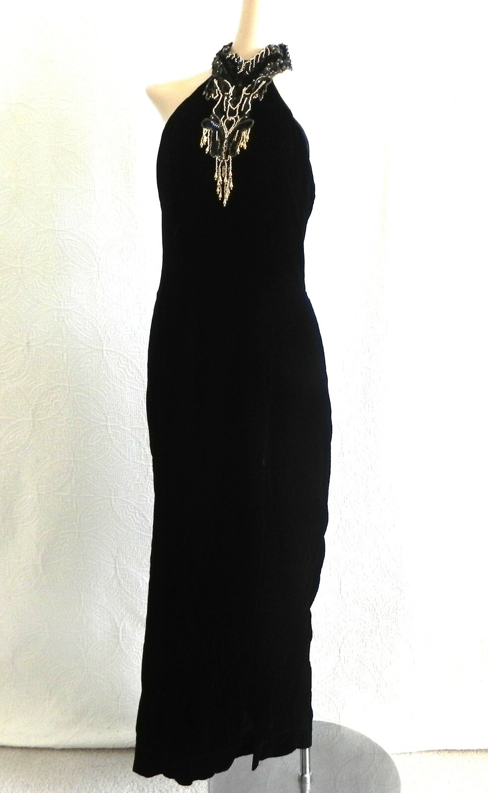 Vtg Weekend Open Back Maxi Dress Halter Black Velvet Slit Sequin Trim Size 4