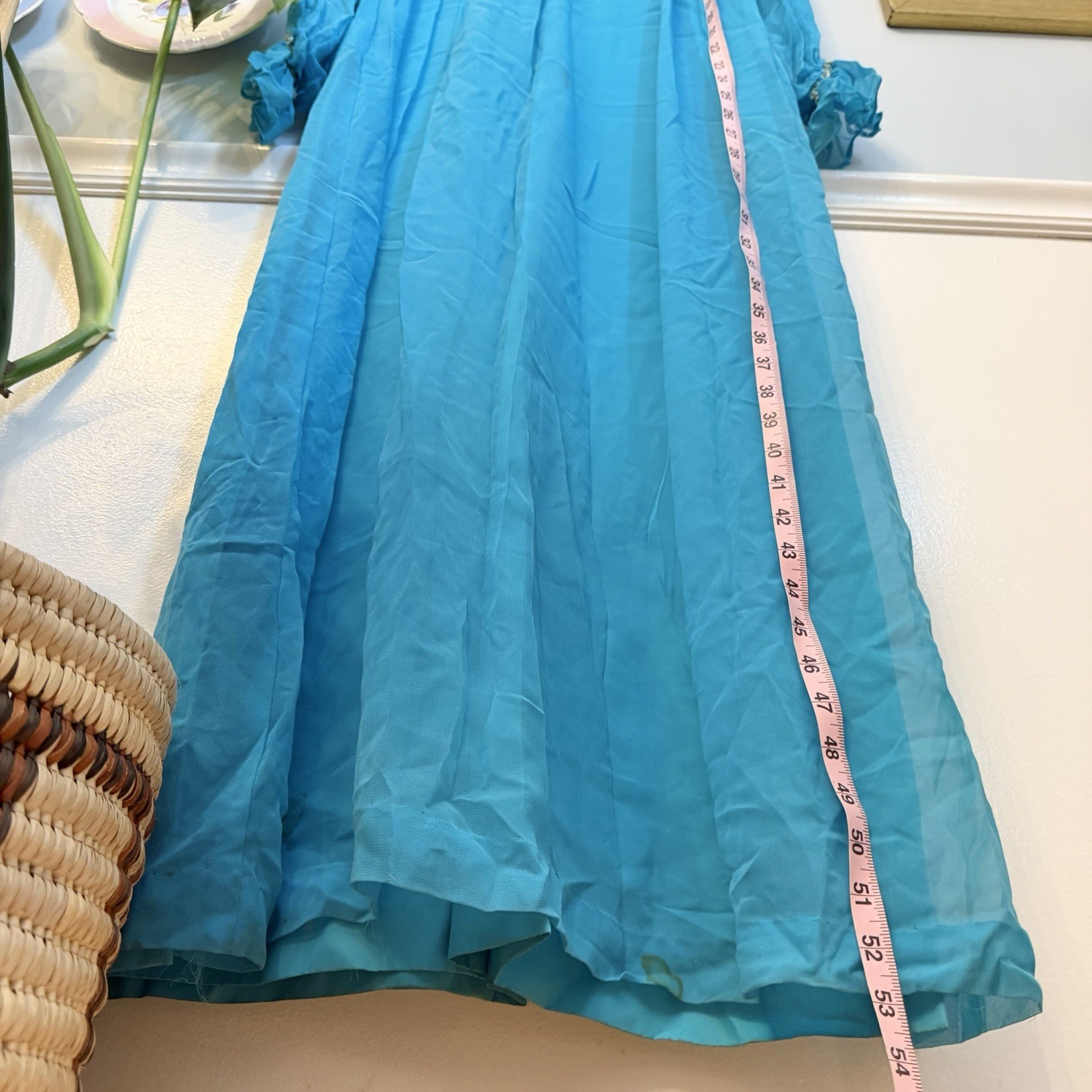 Vintage 70s Teal Chiffon Maxi Dress Size XS Bridesmaid Twiggy Retro MCM 60s Gown