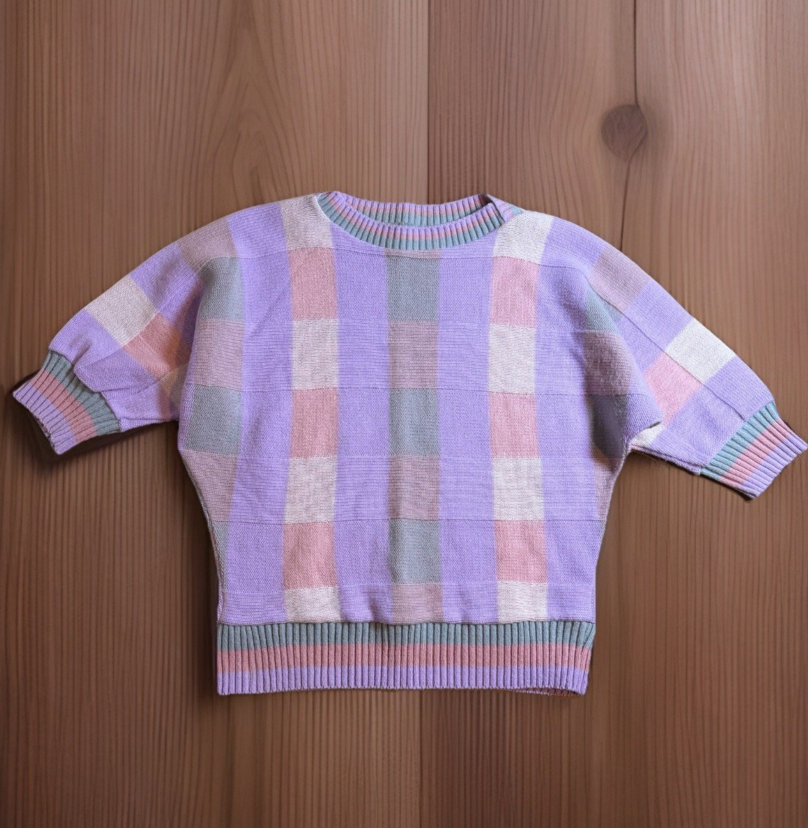 Vintage Topsicles Womens 80’s Sweater M Purple Plaid Geometric Dolman 3/4 Sleeve