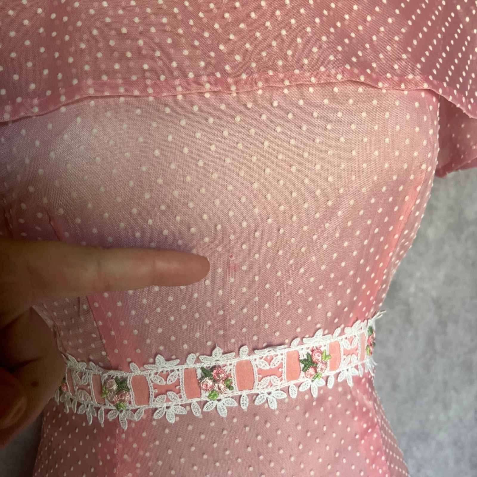 Vtg 50s 60s Pink Maxi Dress S Dotted Swiss Overlay Floral Lace Caped Gown MCM