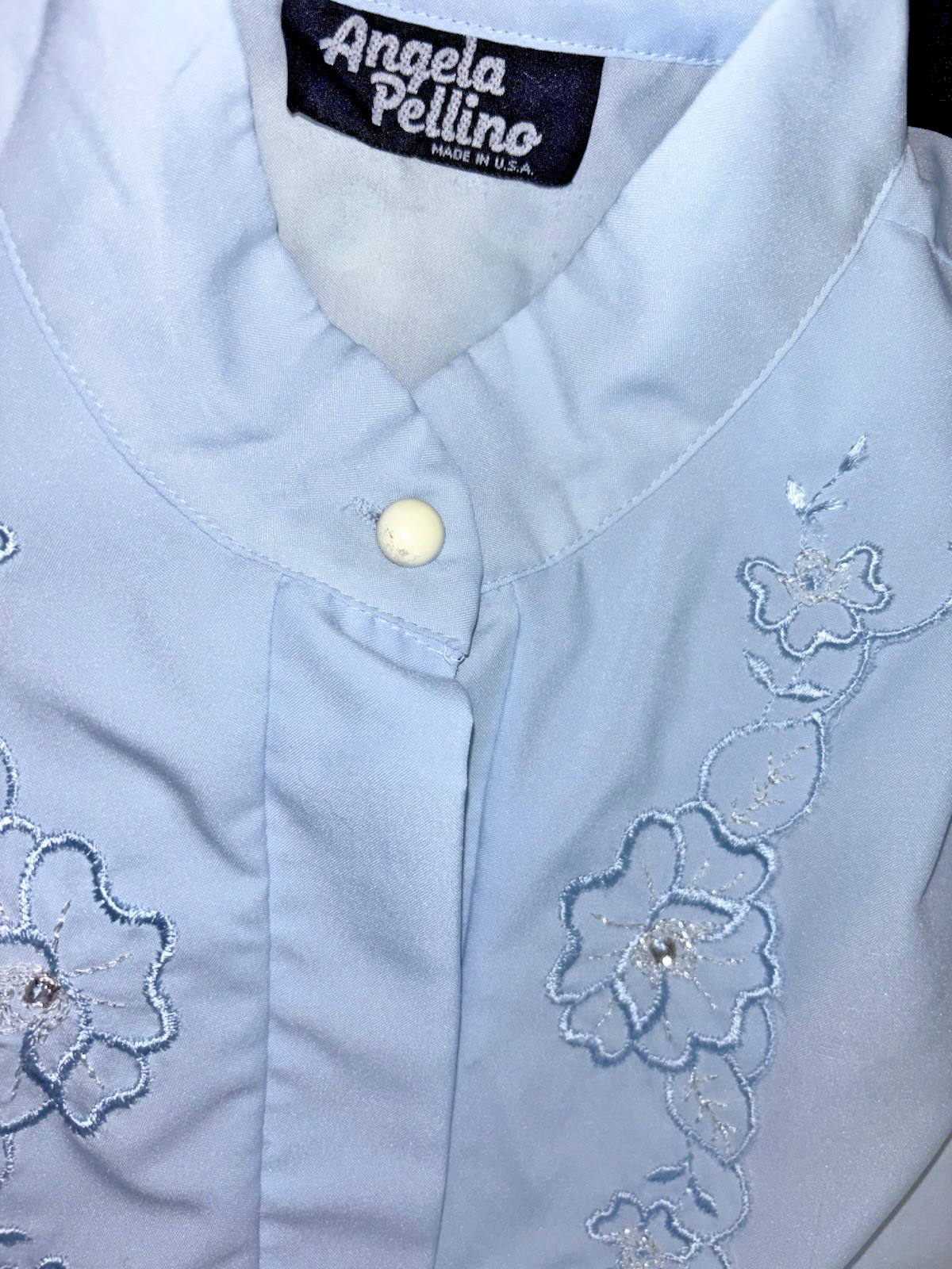 Vintage Angela Pellino Women Size L Button Up Long Sleeve Embroidered Top Blue