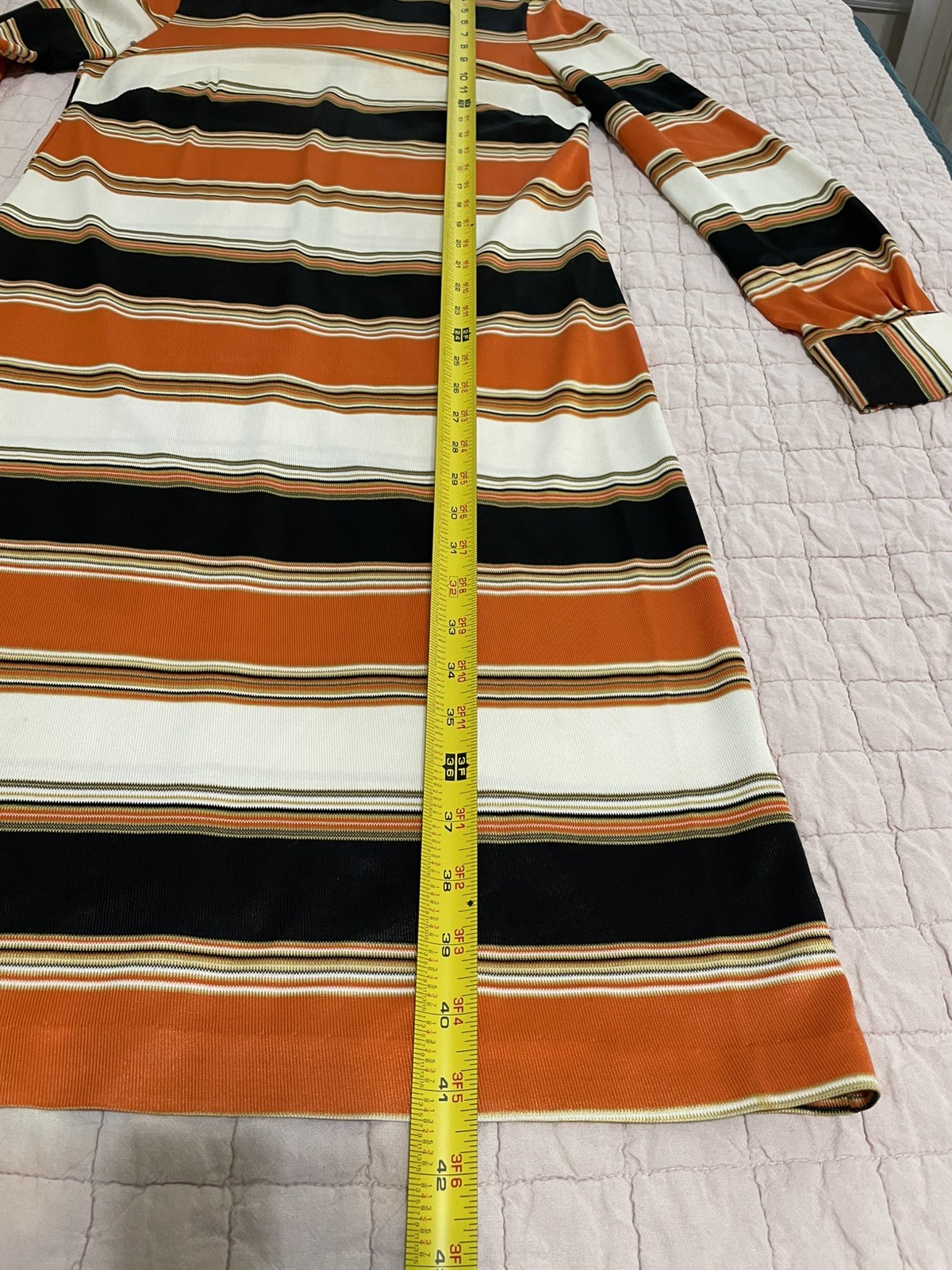 Hand Sewn Vtg 70s Midi Dress Orange Brown Yellow Sm/6 Long Sleeve Back Zipper **