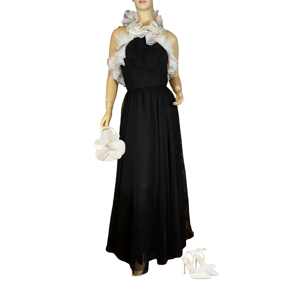 WOMEN’S VINTAGE 1980’S LILLIE RUBIN BLACK & CREAM HALTER FORMAL DRESS SZ S