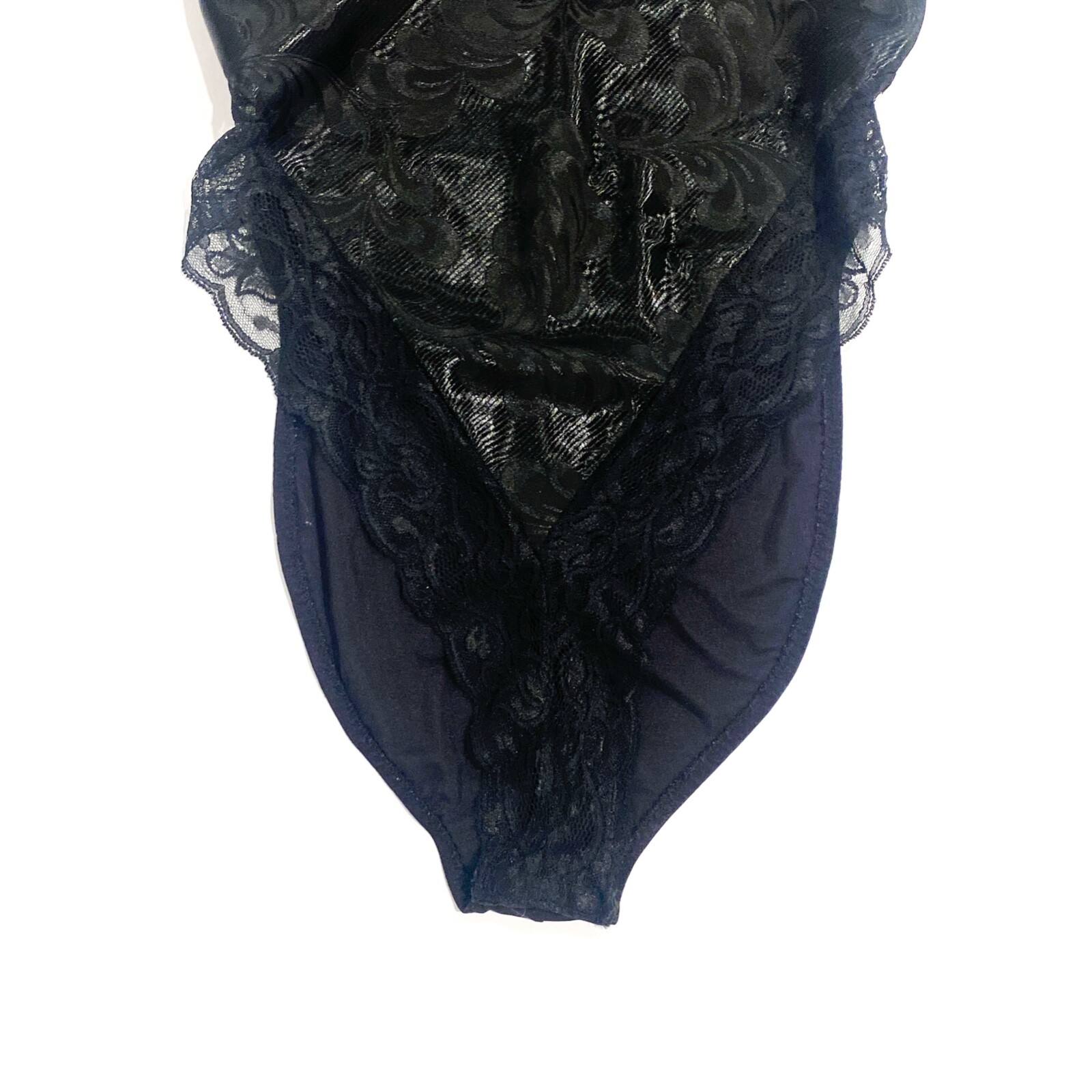 Vintage Lingerie. Black with lace trim and floral print on fabric. Thin spaghett