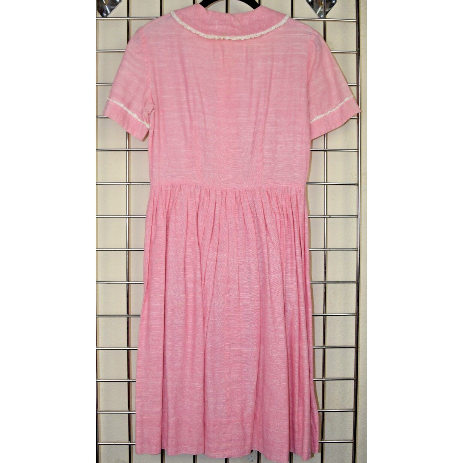 Vintage Midi Dress Size S/M 50s Cotton Candy Pink White Lace Trim Heart Buttons