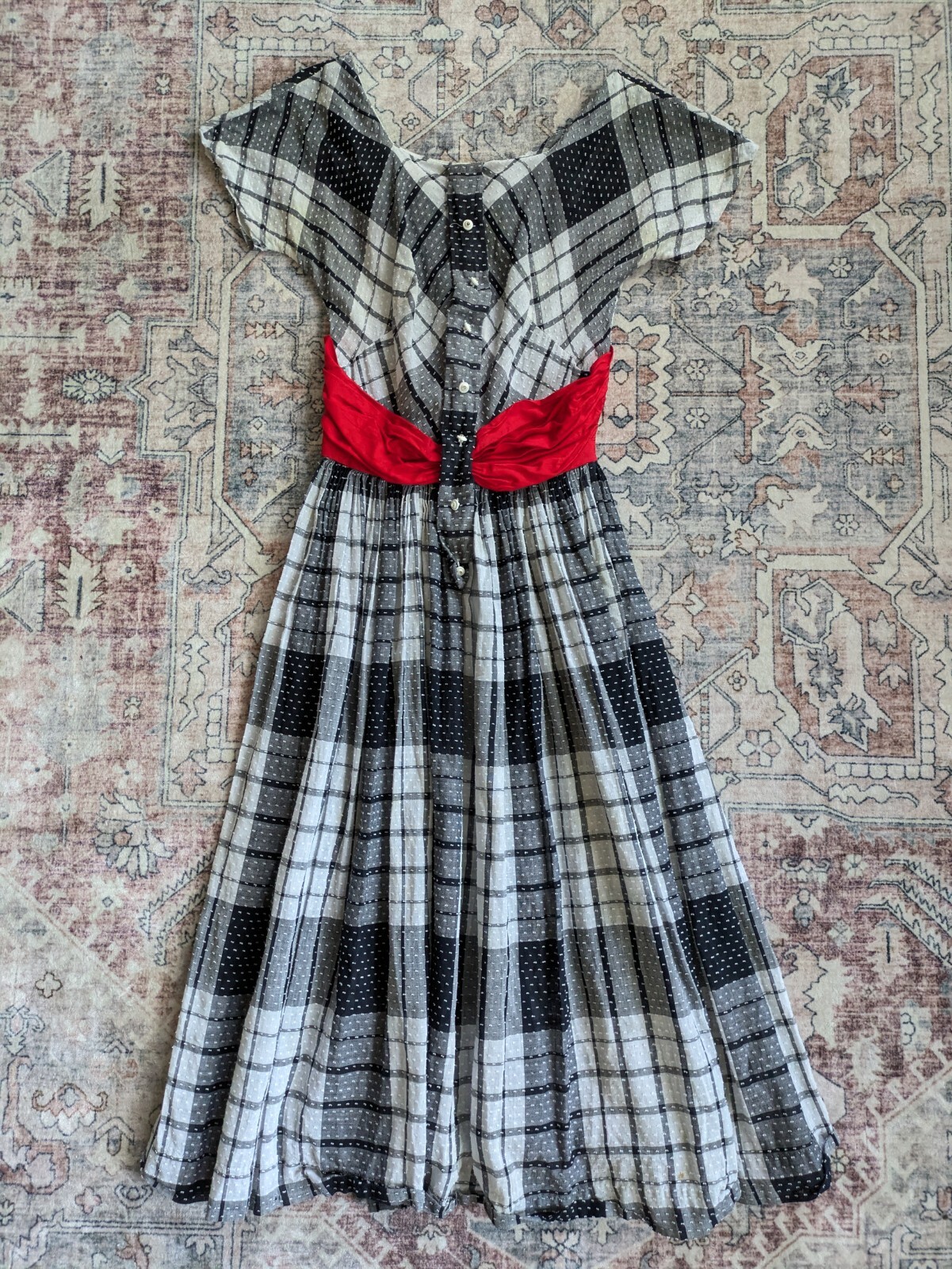 Vintage 1950s Lana Lobell Plaid Dress Red Scarf Waist Short Sleeve